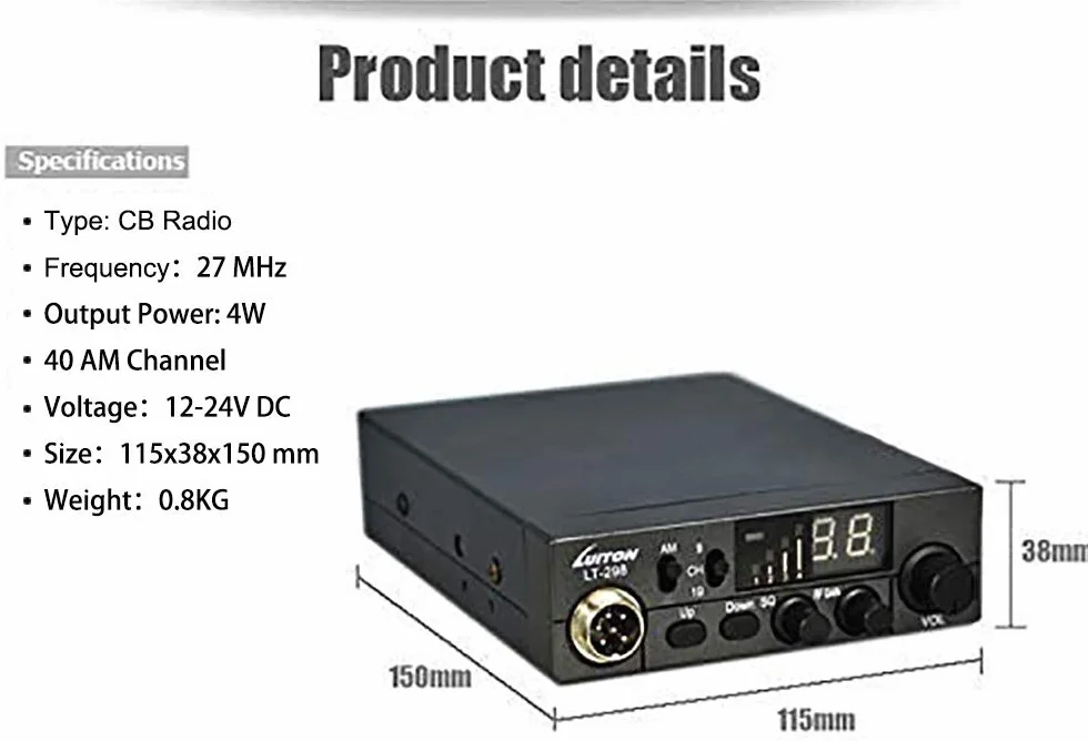 LUITON Radio CB LT-298 40 canaux design compact avec prise haut-parleur externe, grand écran LED facile à lire, compatible avec tension 12-24 V