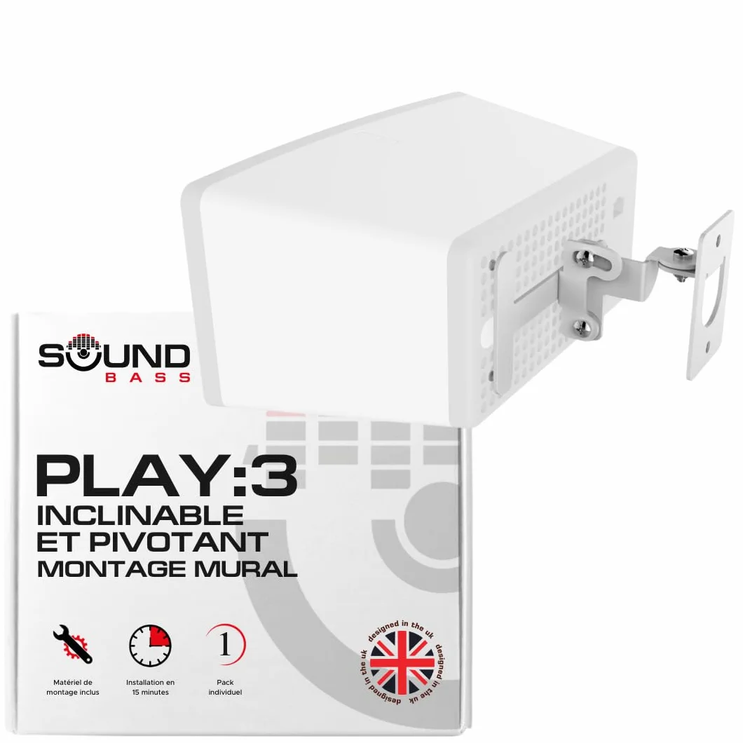 Play 3 Fixation Murale, Mécanisme de Basculement et de Rotation Ajustable, Crochet Simple pour Haut-Parleur Play:3 avec Accessoires de Fixation, Blanc, Conçu au Royaume-Uni par Soundbass