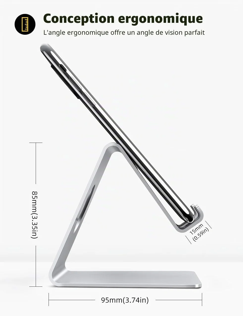 Lamicall Support Téléphone, Dock Téléphone - Support Téléphone Bureau pour iPhone 17 Pro Max Air, 16/15/14/13/12 Pro Max Plus Mini XS XR X 8, Huawei, Samsung S10 S9 S8, d'autres Smartphones - Argenté