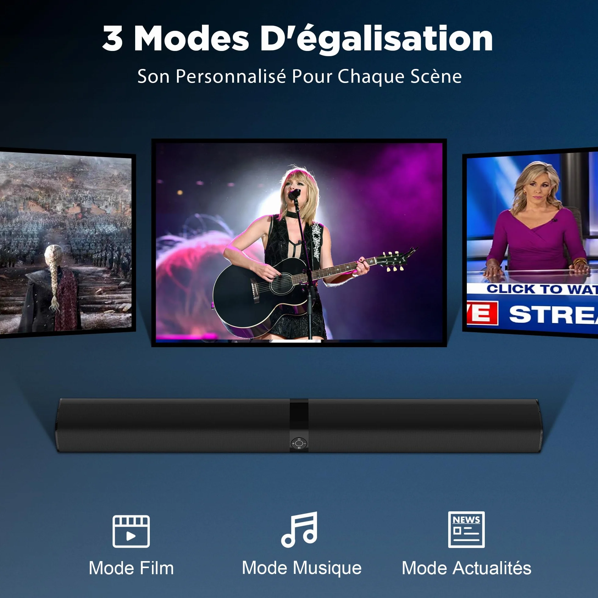 GarageRock Barre de Son TV 2 en 1 Divisible, Haut-parleurs Stéréo avec 3 Modes d'Égalisation, Arc/Opt/AUX