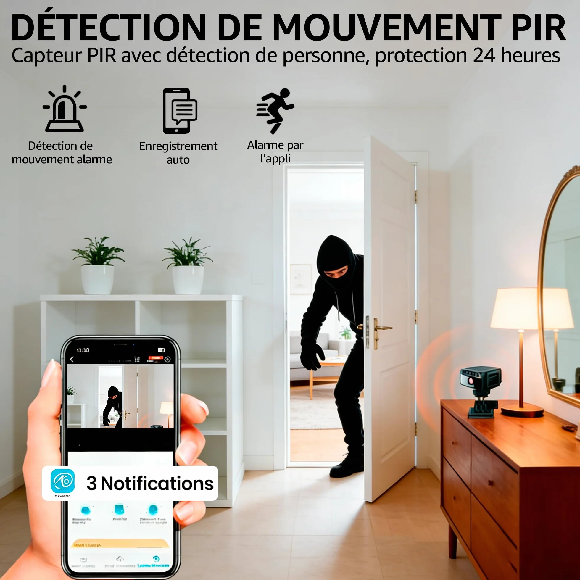 AOBOCAM Caméra Espion WiFi 4K avec Cloud Surveillance Intérieure sans Fil Vision Nocturne Grand Angle 150° Détection de Mouvement IA Mini Caméra de Sécurité