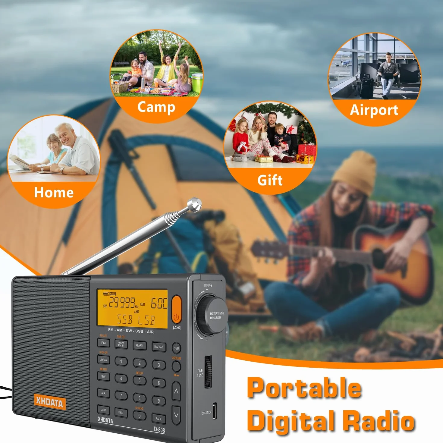 XHDATA D-808 Portable Radio Numérique FM Stéréo/SW/MW/LW SSB RDS Bande Air Band Multi Haut-Parleur avec Affichage LCD Réveil Antenne Externe et 2000mah Batterie (Gris)