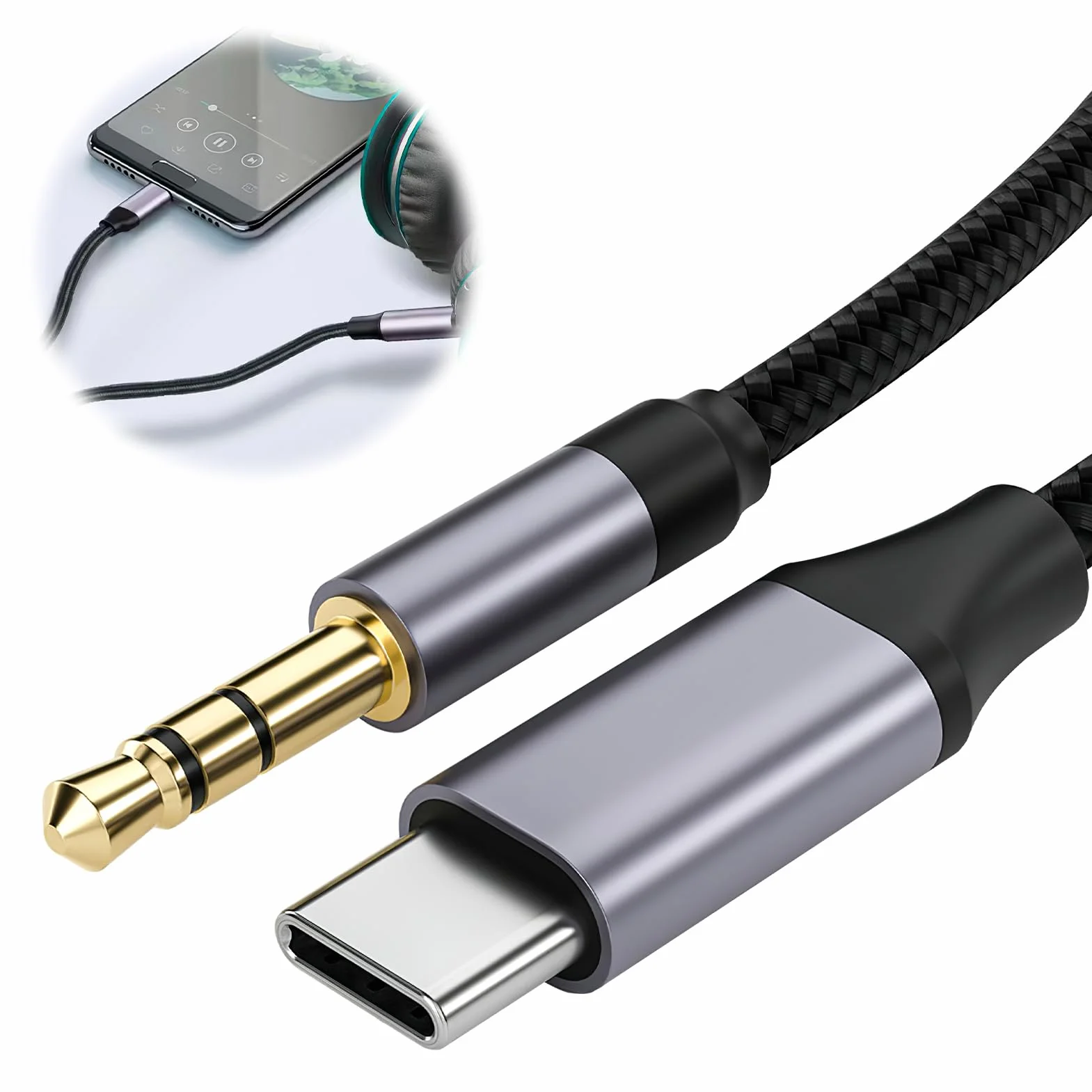 Hemlosk Câble USB C vers 3.5mm Jack 2M, Cable Auxiliaire USB C Jack, Rallonge Auxiliaire Stéréo pour Audio Voiture, Compatible avec iPhone 16/15 Plus Pro Max, Galaxy S24/S23/S22/S21 Ultra, Pixel