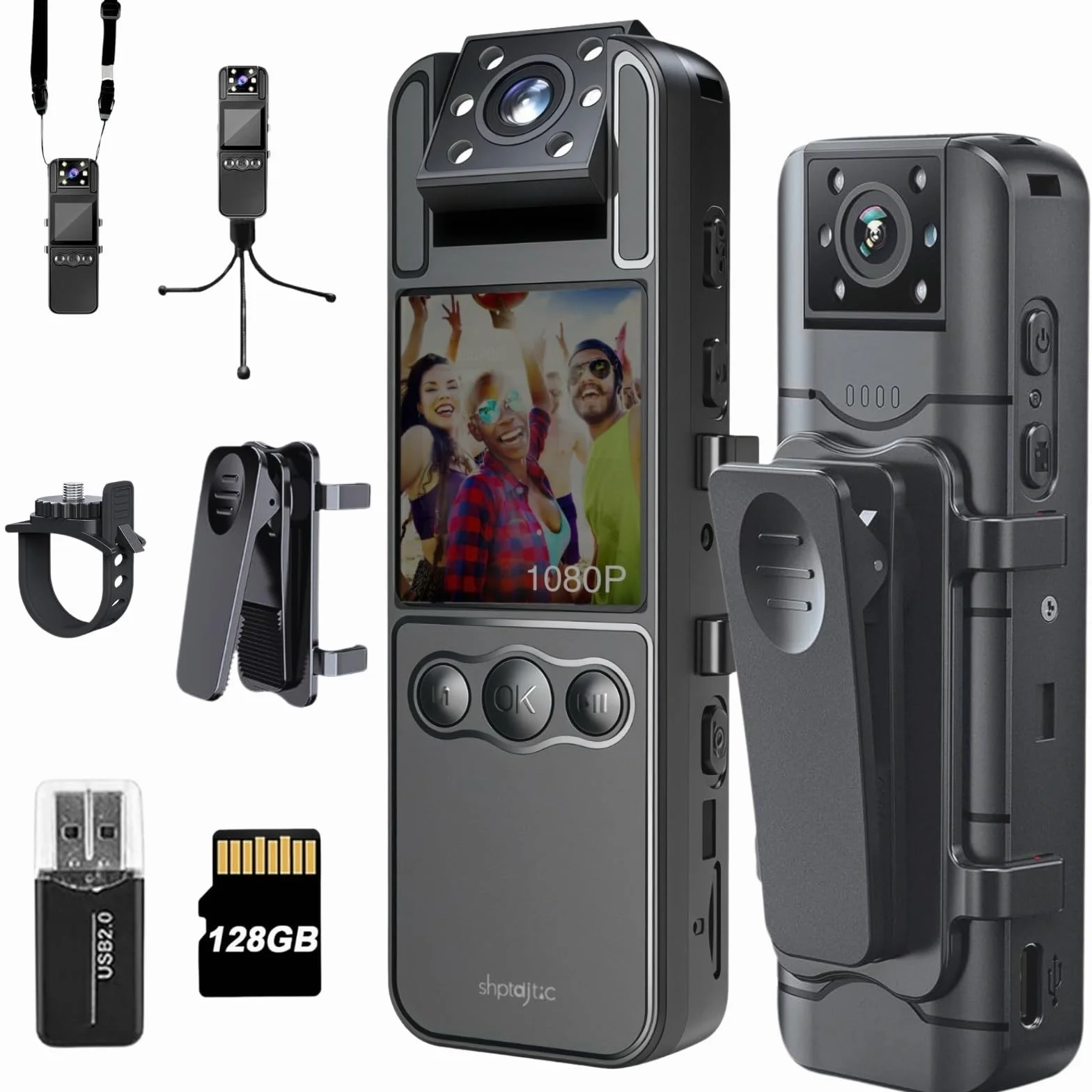 128G Caméra corporelle 1080P avec Objectif Rotatif de 180°, caméra de Sport avec 6 Heures d'autonomie de Batterie, Vision Nocturne, caméra Portable pour Animaux domestiques (H82-1080P-128G)