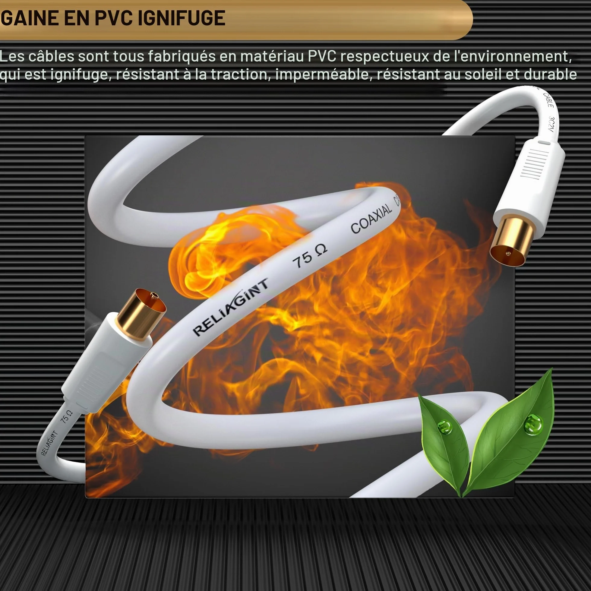 RL Flex Câble antenne TV coaxial 1m, rallonge mâle/femelle 75 Ohm, conducteur en cuivre pur, pour TNT, TV câble et satellite (DVB-T/T2/C/S/S2), Blanc