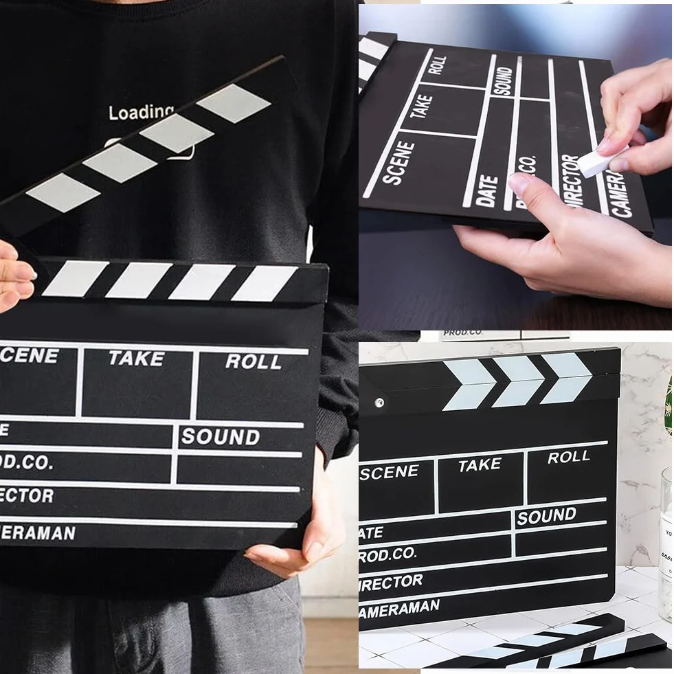 Clap de Cinéma 30 x 25cm,Acrylique Film Clapper,avec effaceur magnétique,2 stylos,Clap Cinéma pour Tournage Film,Tournage Vidéo