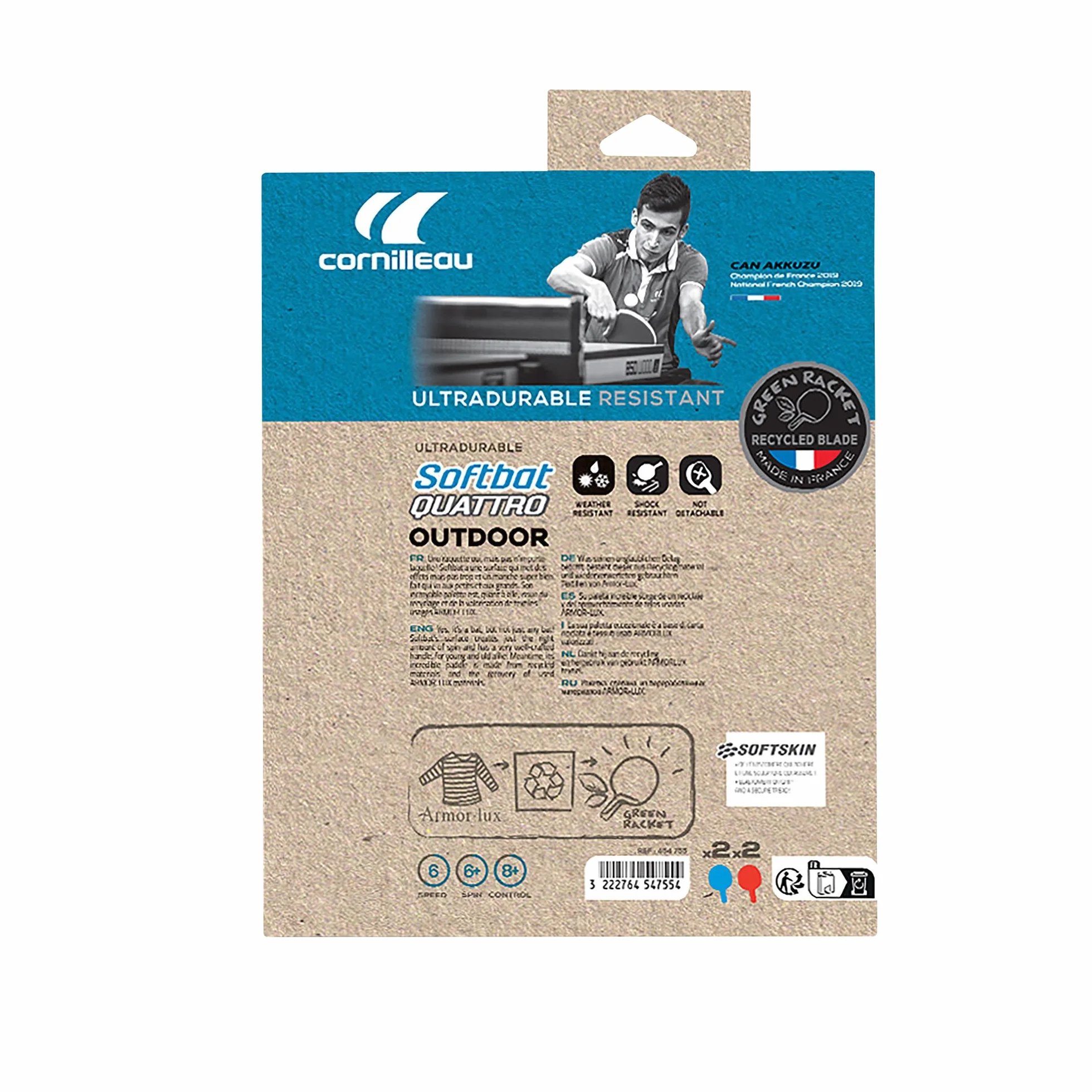 Cornilleau SOFTBAT Pack Quattro - 4 raquettes de ping-pong extérieur éco-conçues ultra durables + 4 balles