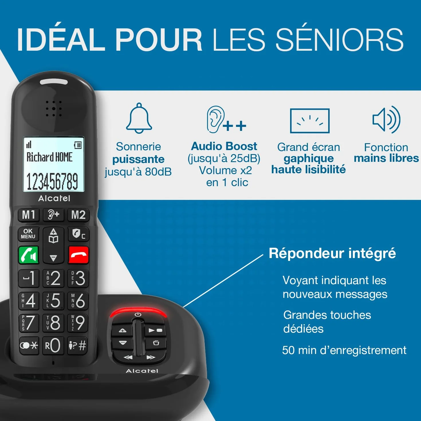 ALCATEL XL685 Voice Duo Téléphone Fixe sans Fil DECT Senior Format XL avec Répondeur, Grandes Touches, Noir