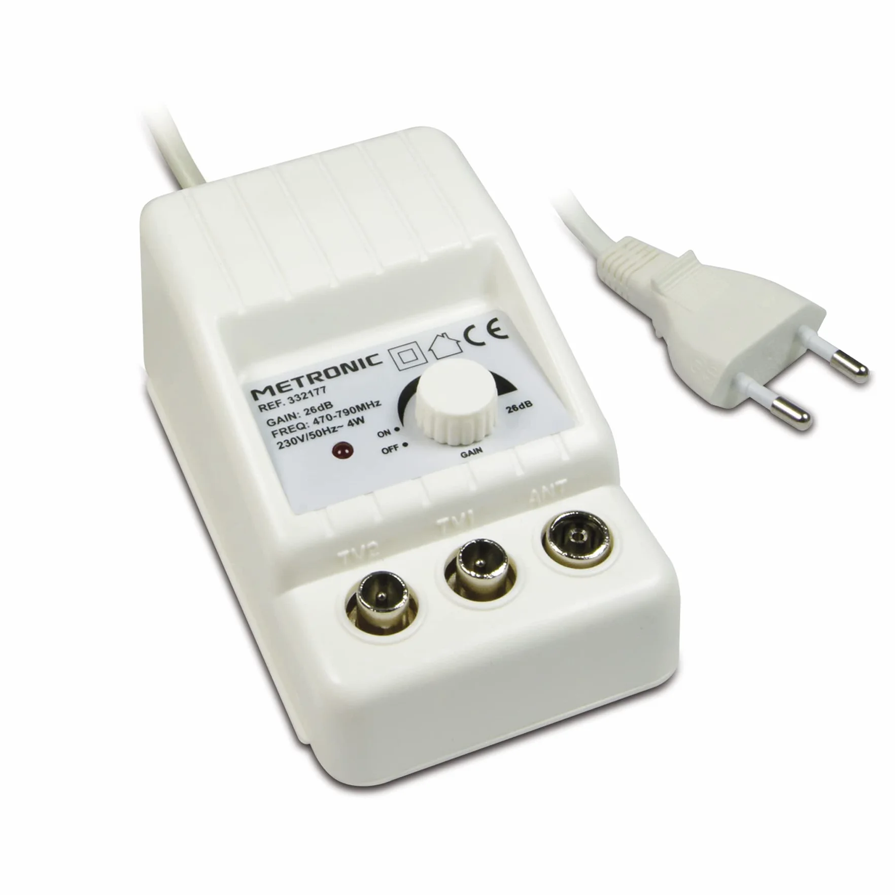 METRONIC Amplificateur d'Antenne TV Intérieure TNT 26 dB 2 Sorties Compatible 4G-5G Blanc