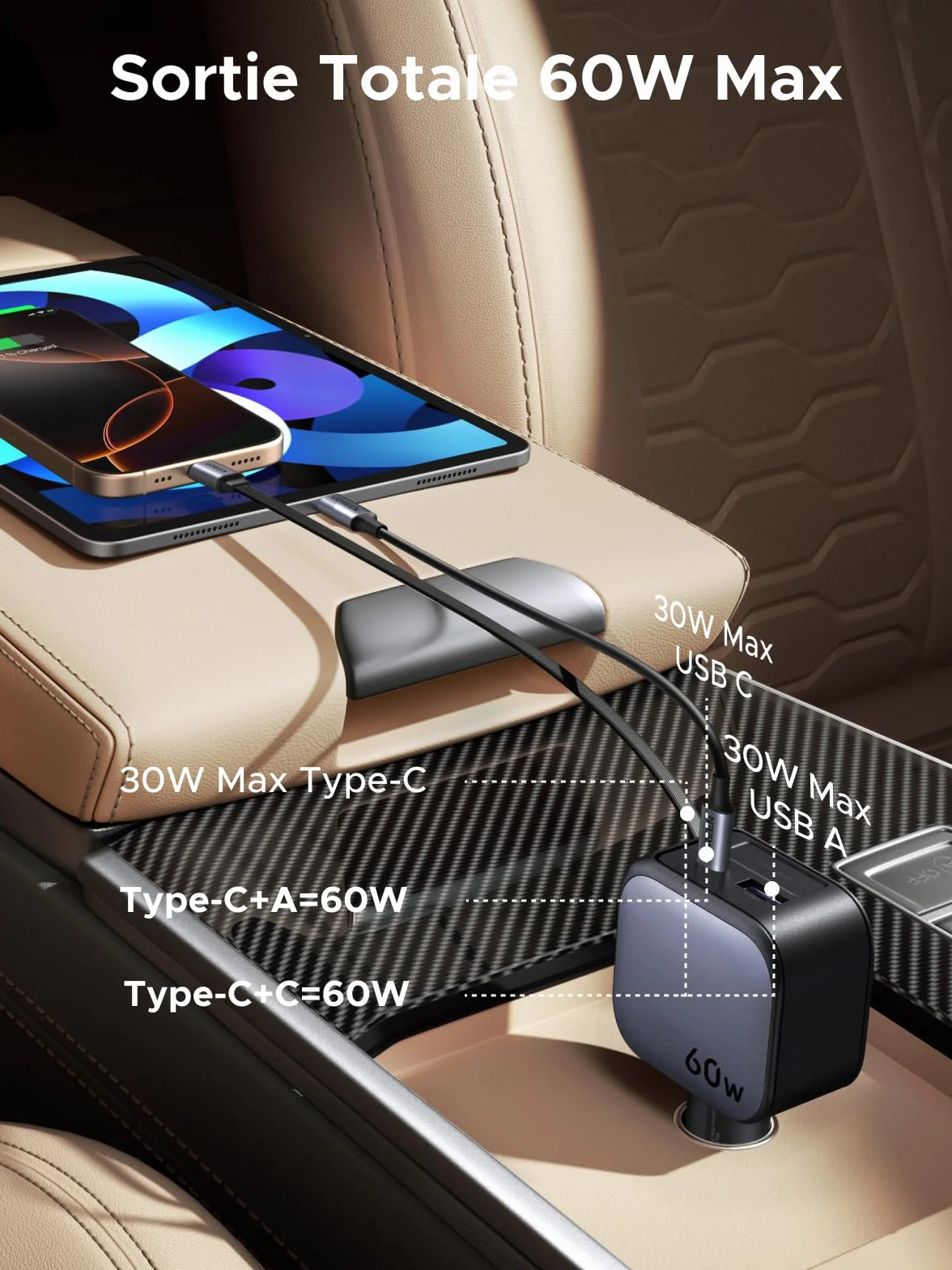 UGREEN Nexode 60W Chargeur Allume Cigare USB C Rétractable PPS PD QC 3.0 Chargeur Voiture Charge Rapide Compact Compatible avec iPhone 17 Pro Max Air 16 15 14 13 12 Galaxy S26 Ultra S25 iPad Pro Air