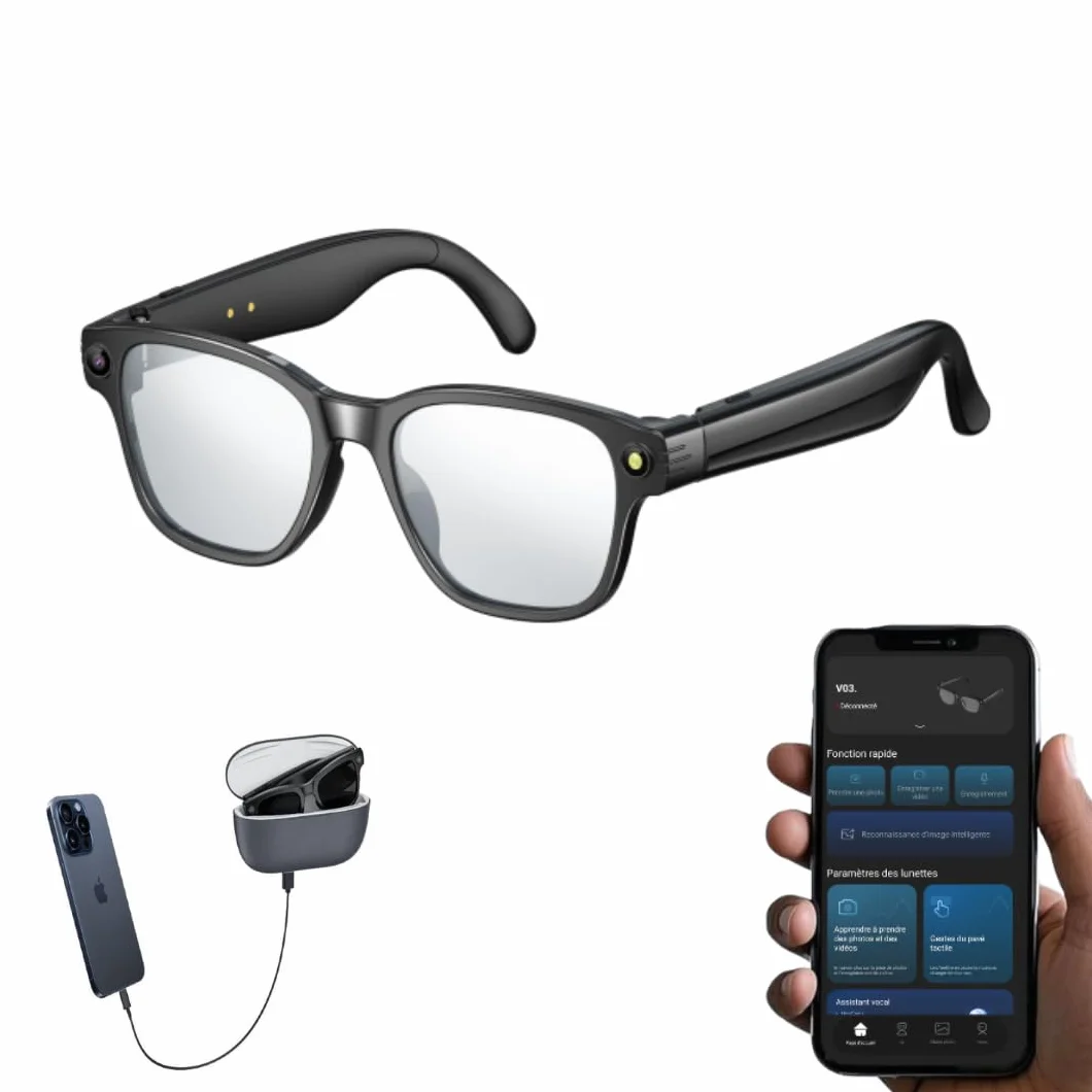 AI Lunettes Connectées Caméra 8MP, Boîtier De Charge 3600mAh, Bluetooth Connectées, Intelligence Artificiel, Lunettes Anti-lumière Bleue, Enregistrement Vidéo 1080p(Verre Photochromique+Boitier noir)