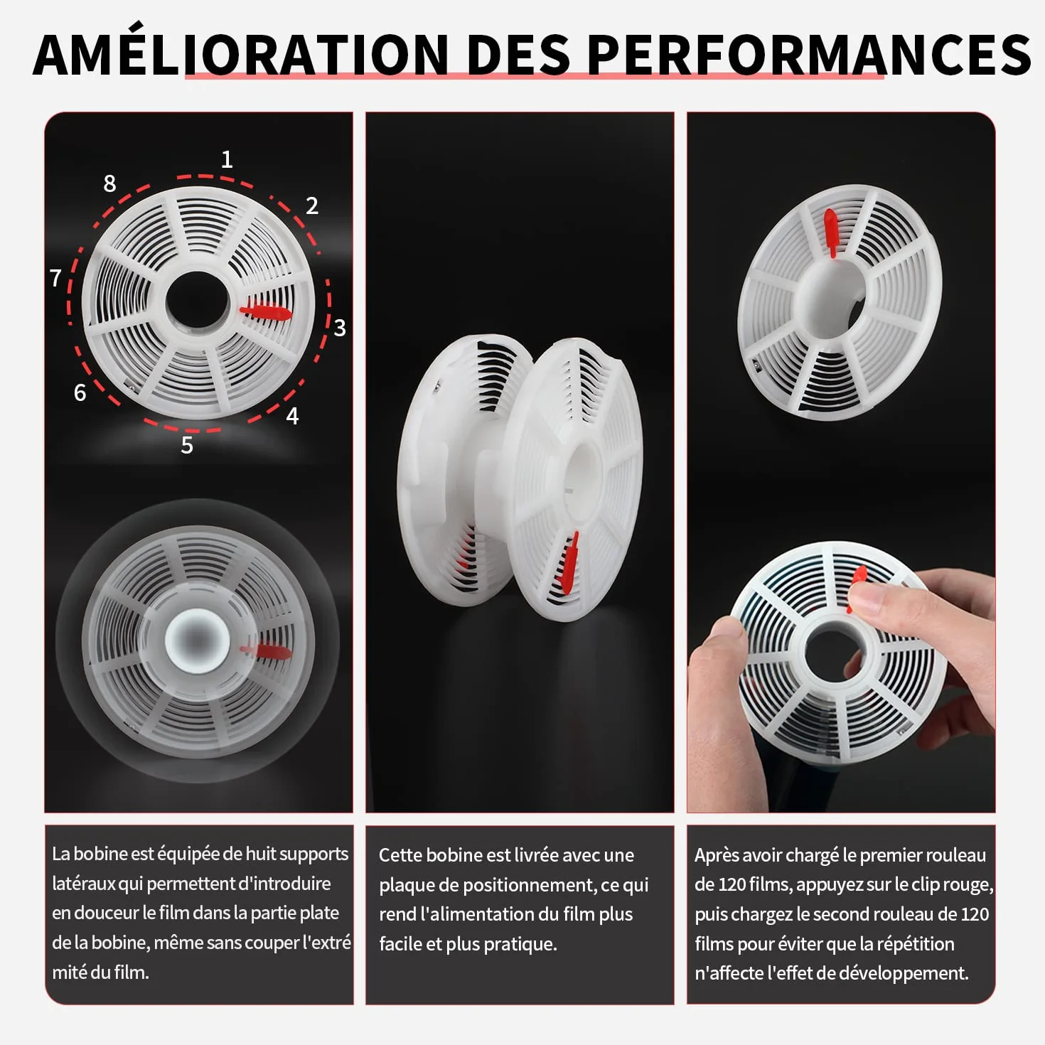 eTone Réservoir de développement Universel pour Chambre Noire avec 3 bobines en Spirale pour Le Traitement de 120 135 Rouleaux de Film N/B Équipement de Traitement de Film pour Appareil Photo