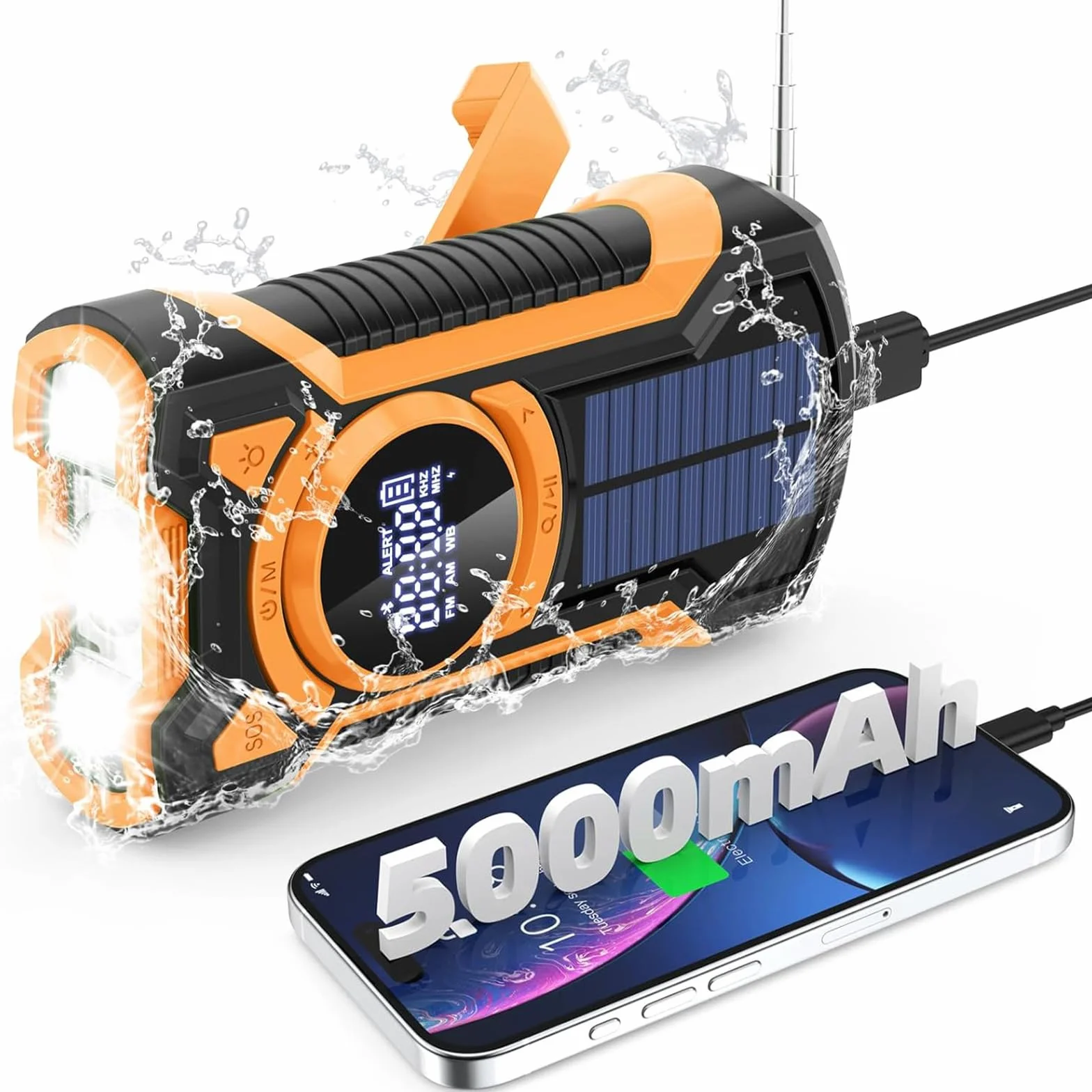 Rechargeable Portable Radio Dynamo avec Lampe de Poche LED, Power Bank 5000mAh AM/FM Radio Manivelle Solaire, SOS Alarm/Lampe Poch/3W Haut-parleurs, Outdoor, Emergency