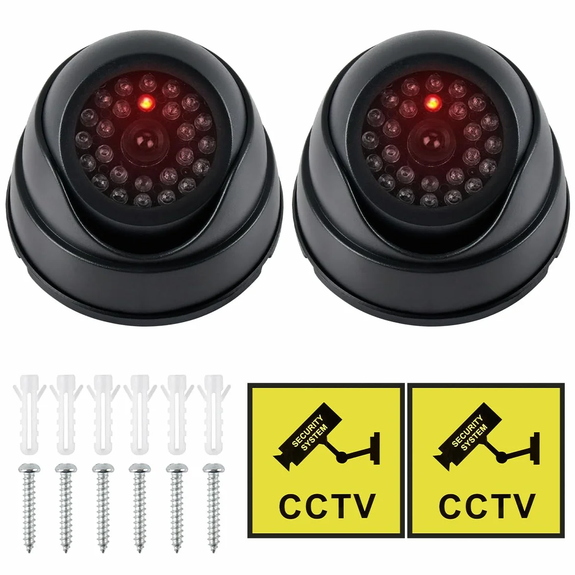 2pcs Caméras Factices de Surveillance CCTV, Fausse Caméra de Sécurité Factice avec Lumière Led Clignotante, Caméra Surveillance Factice Étanche pour Extérieur Intérieur avec 2 Panneaux de CCTV + Vis