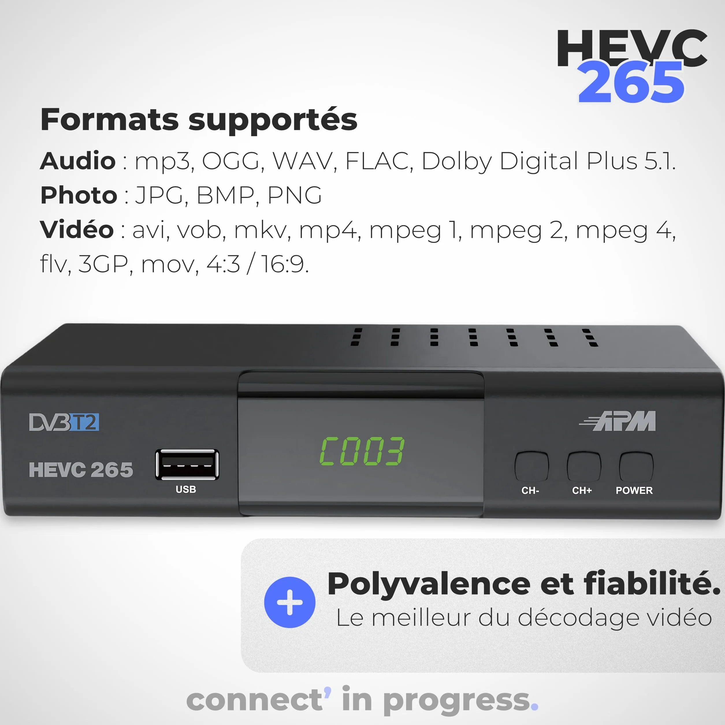 APM Décodeur TNT Full HD 1080p H.265 HEVC DVB-T2 DVB-C HDMI Péritel USB Coax
