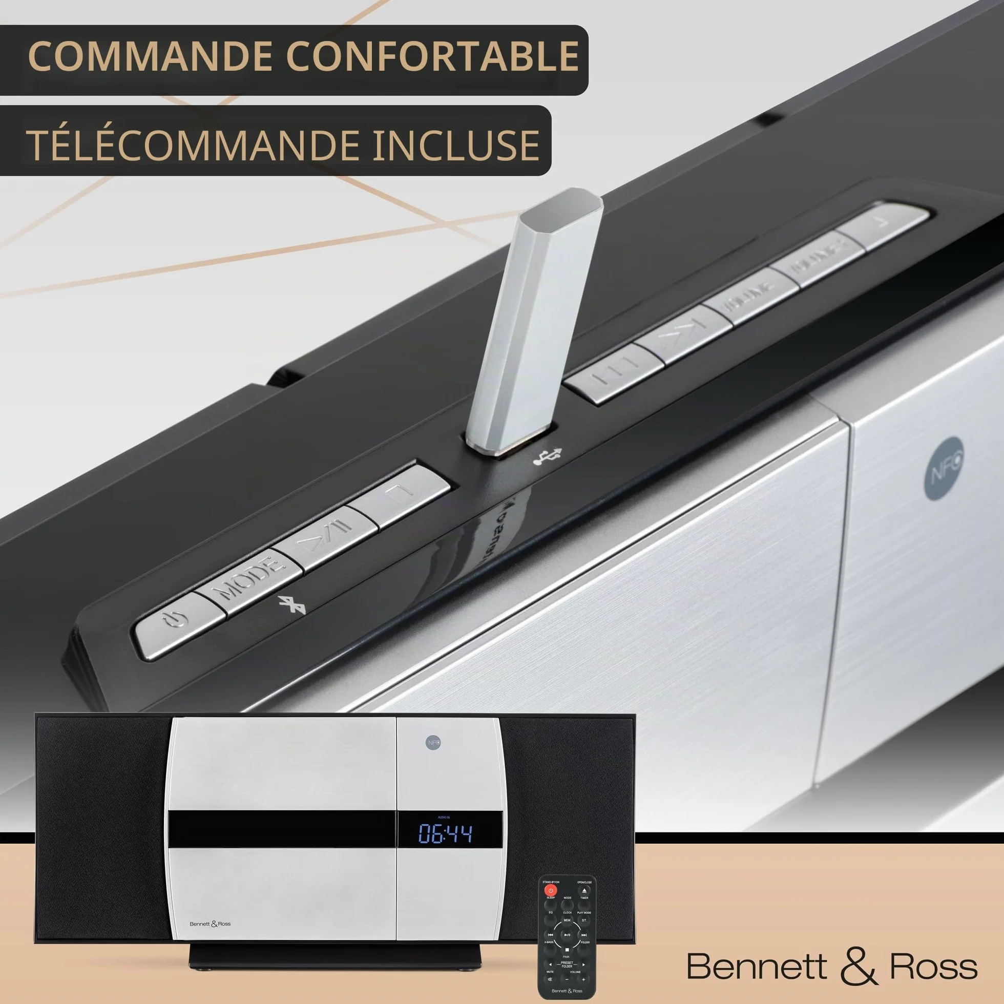 Bennett & Ross Ålesund Microchaîne hi-fi avec lecteur CD, MP3, UKW, USB, Bluetooth NFC - Installation murale ou sur pied - Argenté