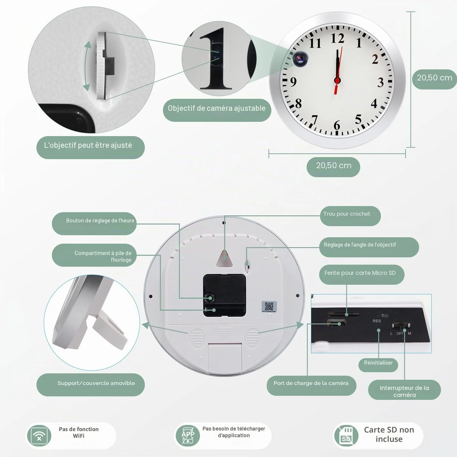 Caméra espion horloge 1080P HD Enregistreur vidéo avec détection de mouvement Enregistrement en boucle Caméra de sécurité intérieure Mini caméra cachée pour la maison, sans fonction WiFi