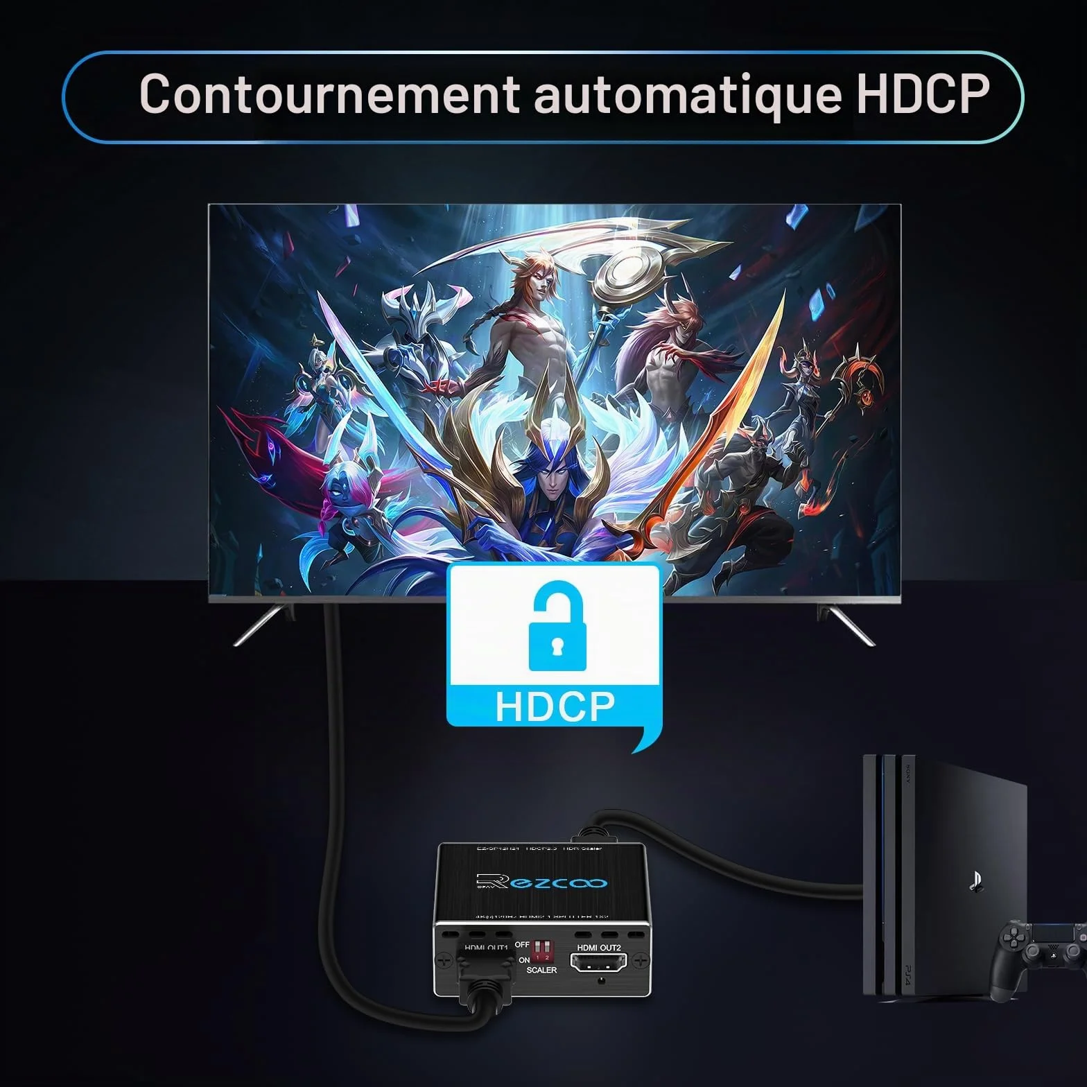 4K 60Hz Splitter HDMI 1 entrée 2 Sorties 1080P 120Hz HDCP HDR 18Gbps UHD Dolby Vision Atmos EDID Scaler 4K 1080P Répartiteur HDMI pour PS5, SkyQ, Xbox, Fire Stick, BluRay, Apple TV, Projecteur.