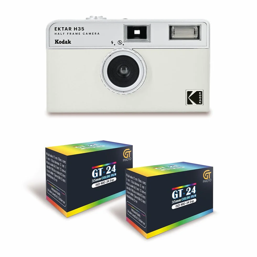 KODAK EKTAR H35 - Caméra Vidéo Demi-Format 35mm Réutilisable, sans Mise au Point, Légère, Facile à Utiliser - Blanc cassé + 2 Pellicules 35mm Couleur 24 Expositionss