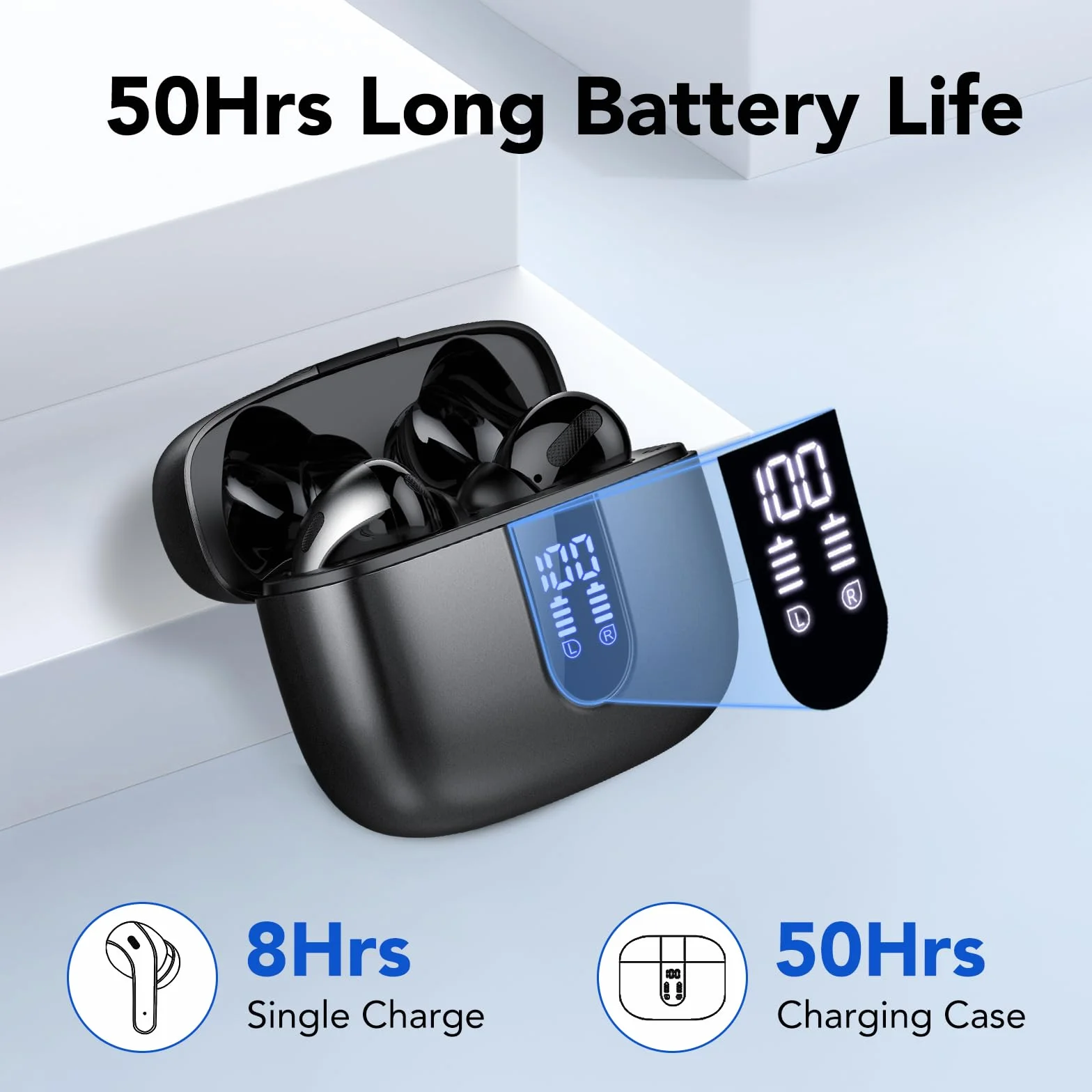 IKT Ecouteurs Bluetooth sans Fil, Écouteurs Bluetooth 5.3, 50 Heures Contrôle Tactile, 4 ENC Appel Réduction Antibruit Mic, Basses Profondes, Ajustement Confortable, IPX7 Étanche Casque（Noir）