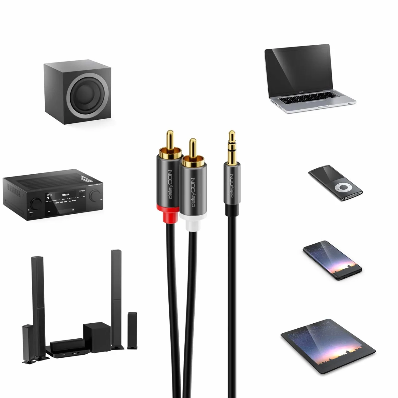 deleyCON 3,0m Câble Jack vers Cinch RCA 3,5mm Audio Adaptateur Mobile et Smartphone sur HiFi-Receiver 3,5mm AUX Prise vers Fiche Cinch (Extra fin & Flexible)