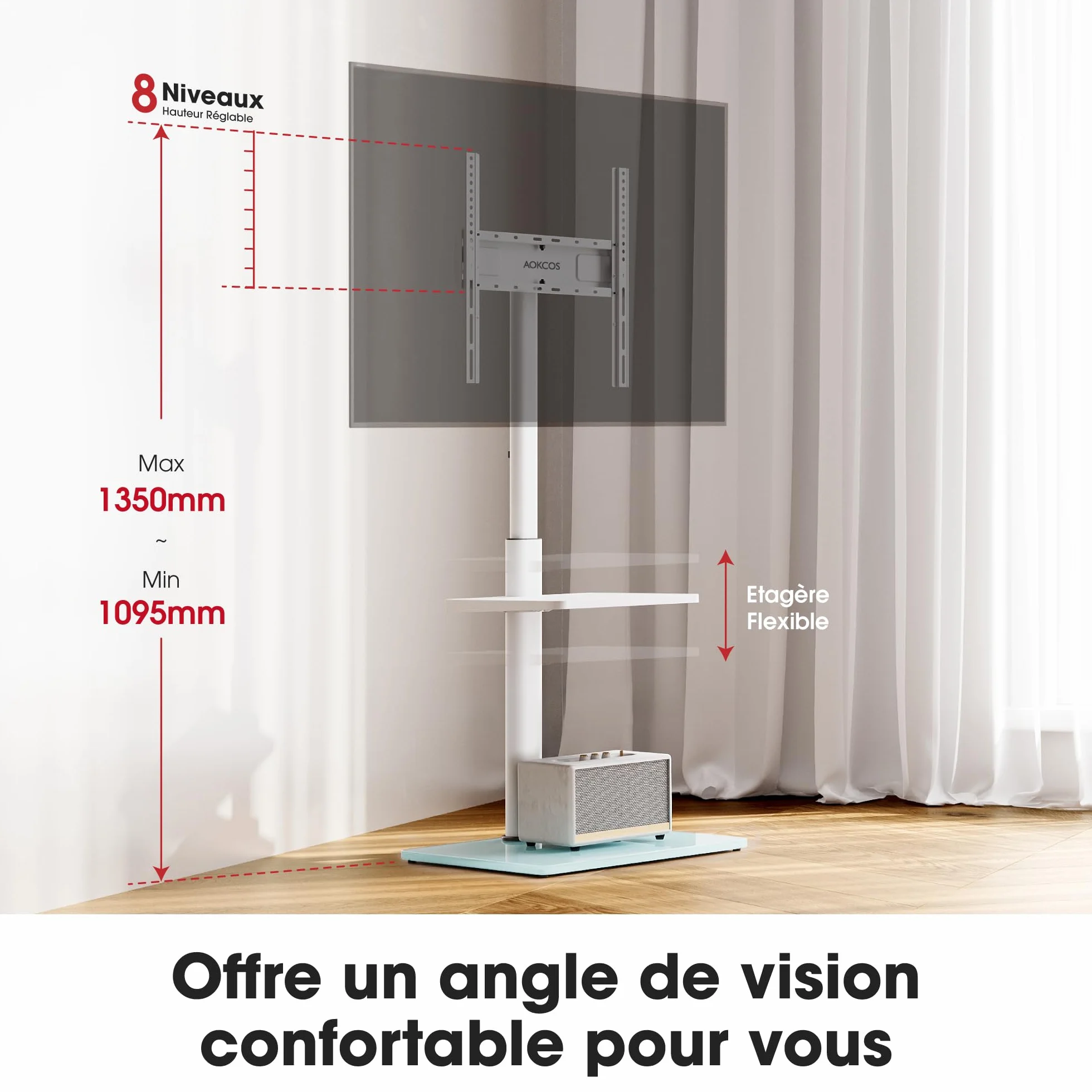 AOKCOS Support TV sur Pied pour TV de 32-70 Pouces,Pied TV avec Étagère Réglable en Hauteur Pivotant 60° et Inclinable 12°,Max. VESA 400x400 mm Max. Capacité 40 KG