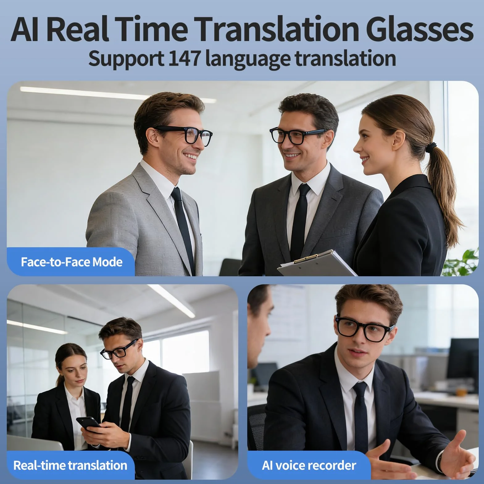 Lunettes intelligentes AI avec caméra 4K, lunettes Bluetooth anti-secousses de 8 MPW, enregistrement vidéo 1080p, réduction du bruit, traduction en temps réel et interprétation simultanée