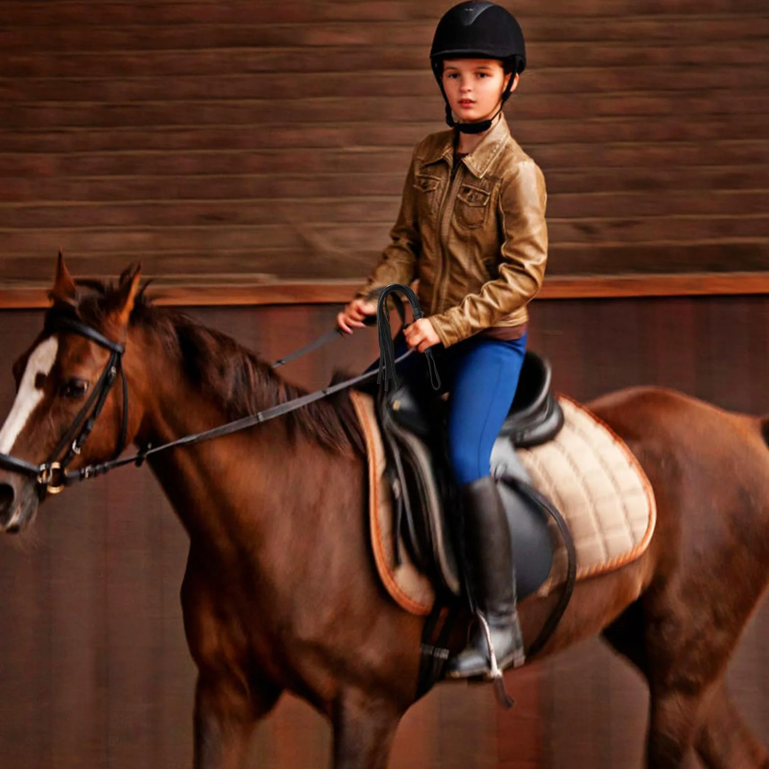 Fouet en Cuir Frangé d'Entraînement Équestre pour Sports d'Équitation (Noir)