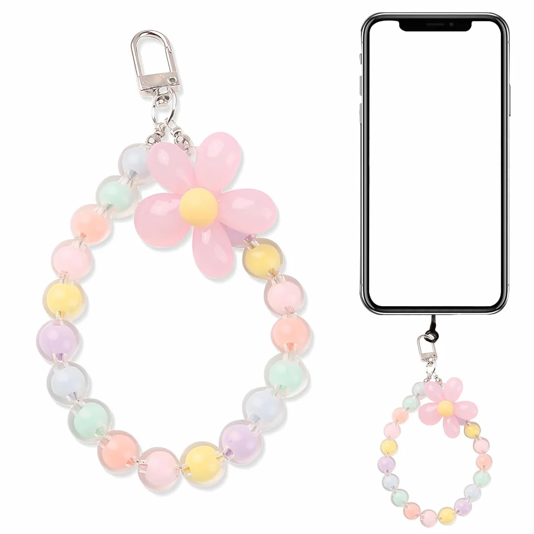 Chaîne de téléphone portable courte avec fleurs, bracelet porte-clés, lanière, perles pour téléphone portable, compatible avec tous les téléphones portables, cordon universel pour téléphone