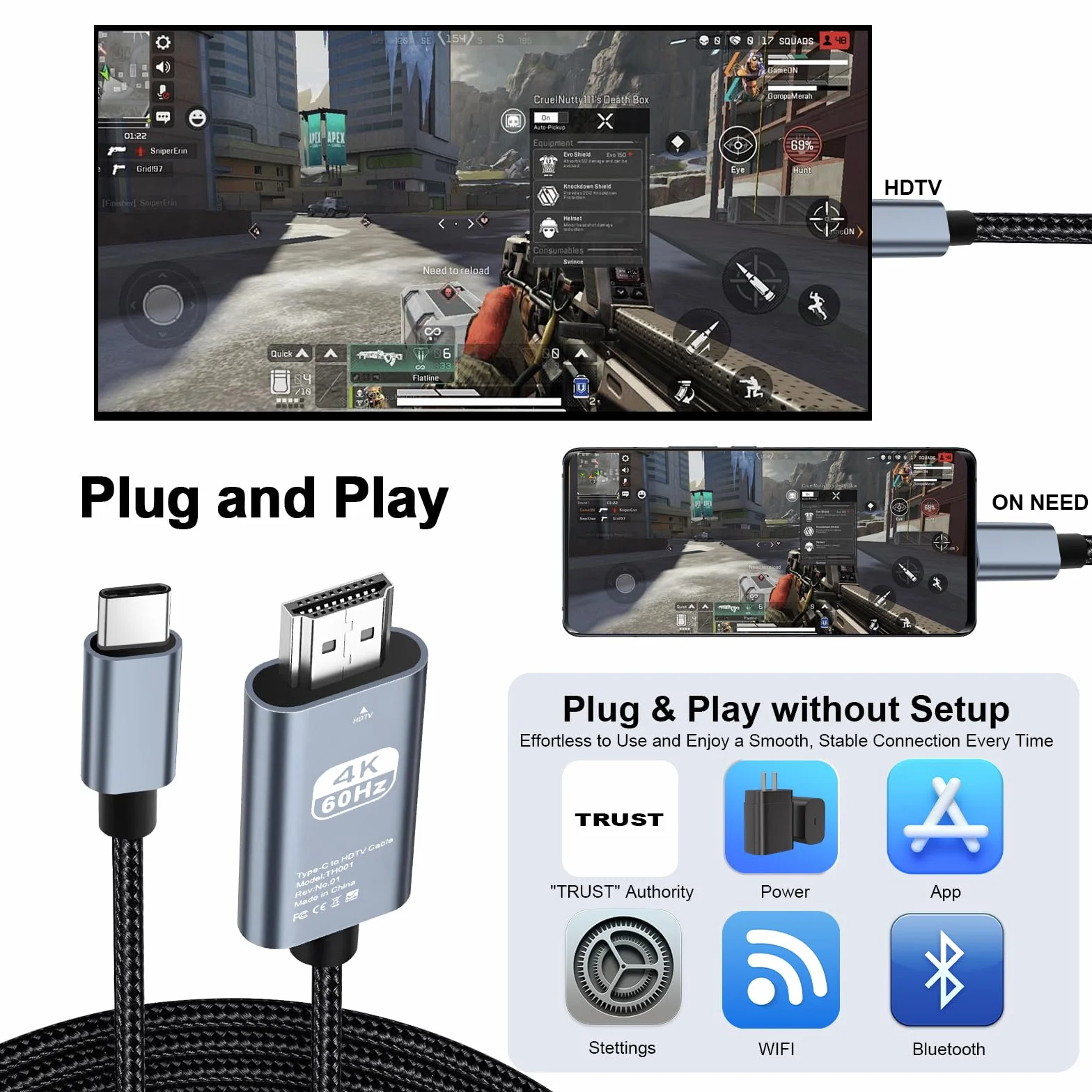 Câble USB C vers HDMI 4K60Hz T9 2 m tressé, adaptateur HDMI vers USB C, câble HDMI compatible avec iPhone 17/16/15 Pro Max, MacBook Pro/Air, iPad, Samsung S25/S24, Dell, Surface