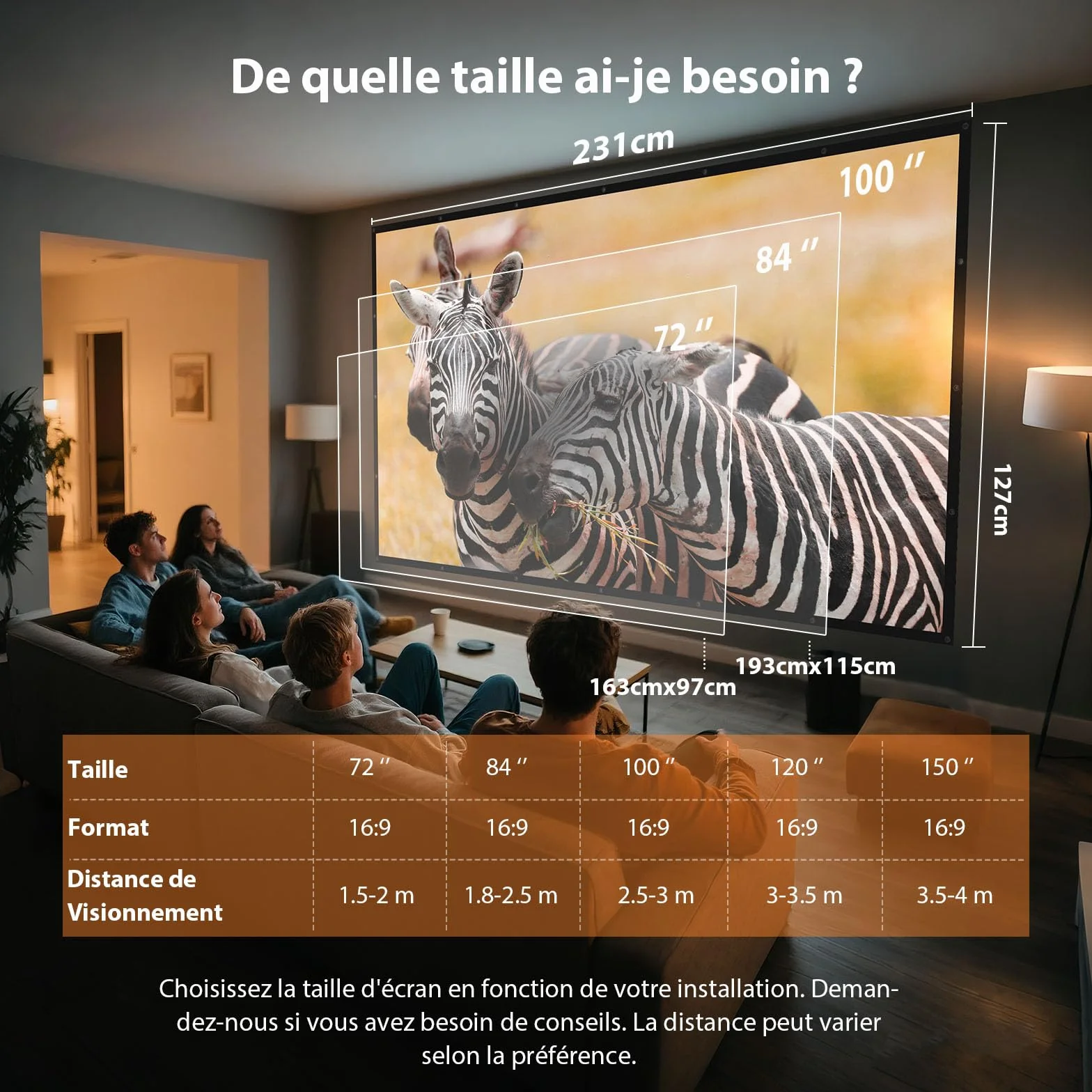 VOOPVOR Écran de Projection 150" Pliable Portable 16:9 Noir Opaque Lavable sans Plis