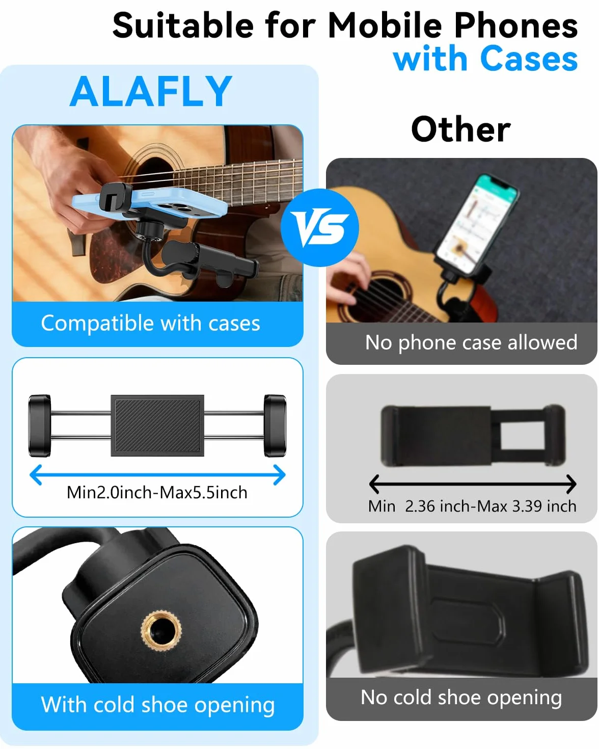 Support de Téléphone pour Guitare- Support Universel pour Smartphone pour Guitare, Basse, Ukulélé, Rotatif à 360° et Réglable, Idéal pour La Diffusion en Direct et l'enseignement en Ligne