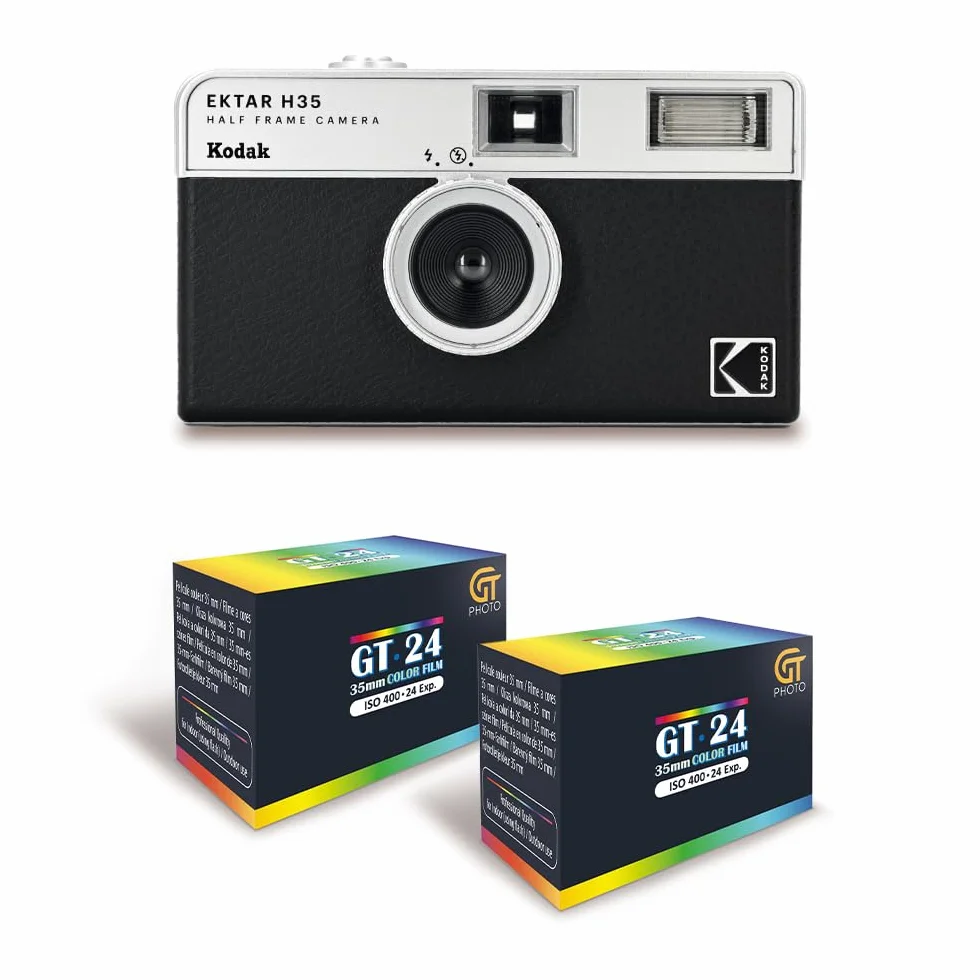 KODAK EKTAR H35 - Caméra Vidéo Demi-Format 35mm Réutilisable, sans Mise au Point, Légère, Facile à Utiliser - Noir + 2 Pellicules 35mm Couleur 24 Expositions
