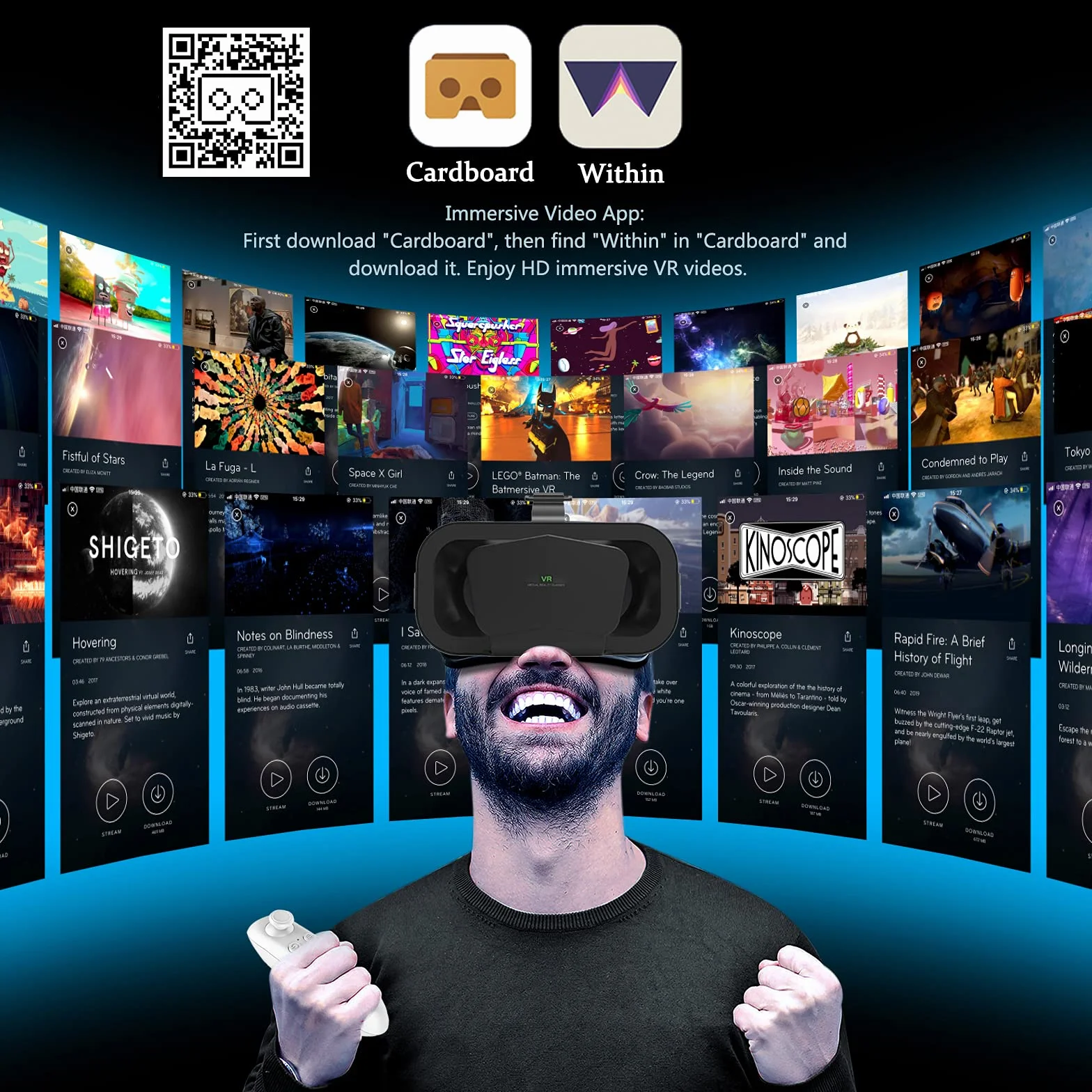 Casque VR 2K HD Anti-Lumière Bleue Compatible iPhone Android pour Jeux Films Noir