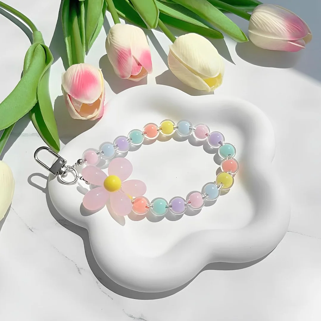 Chaîne de téléphone portable courte avec fleurs, bracelet porte-clés, lanière, perles pour téléphone portable, compatible avec tous les téléphones portables, cordon universel pour téléphone