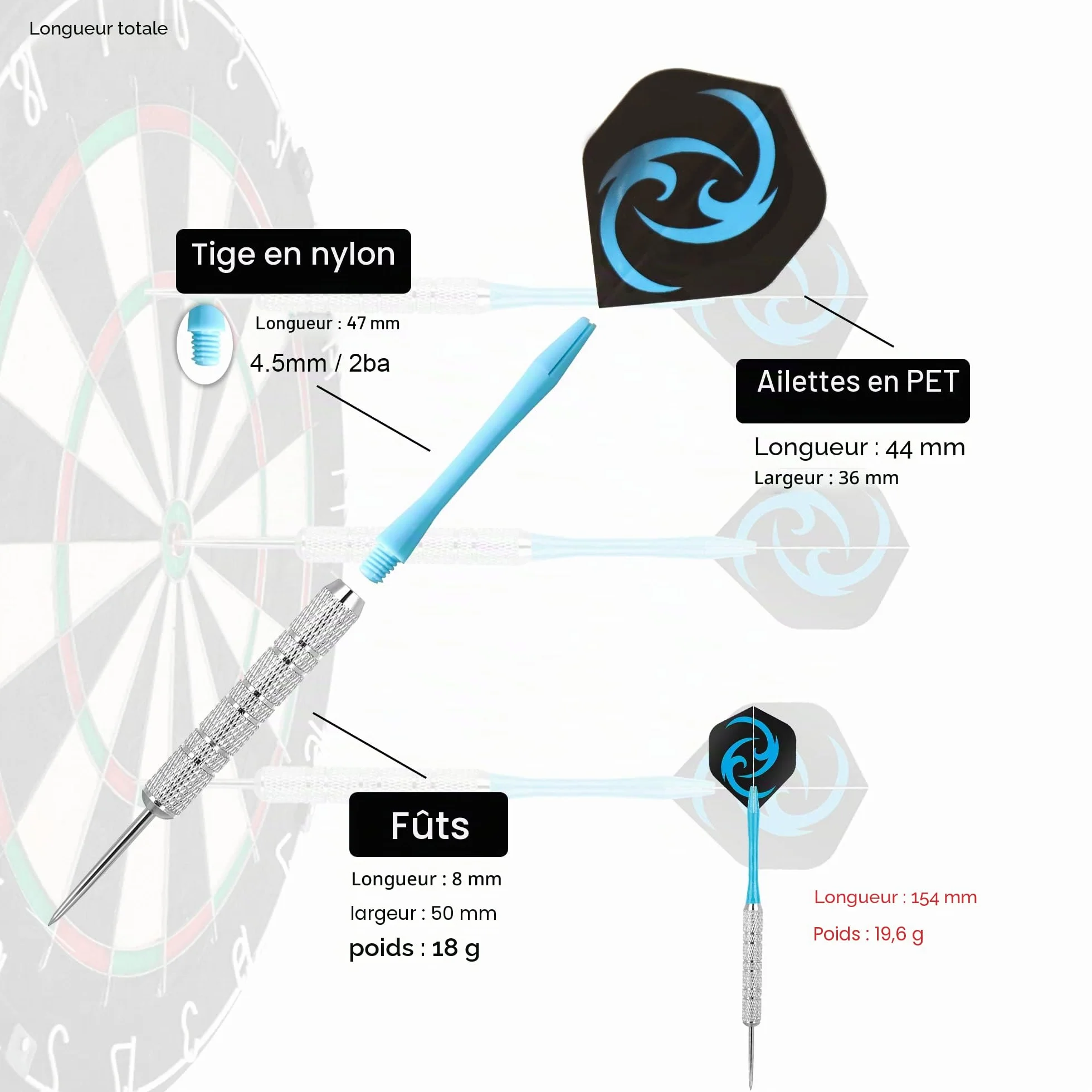 Fléchettes Professionnelles Pointe Acier Lot 12 Métal 18 g Tiges Ailettes Protection Vol Aiguiseur