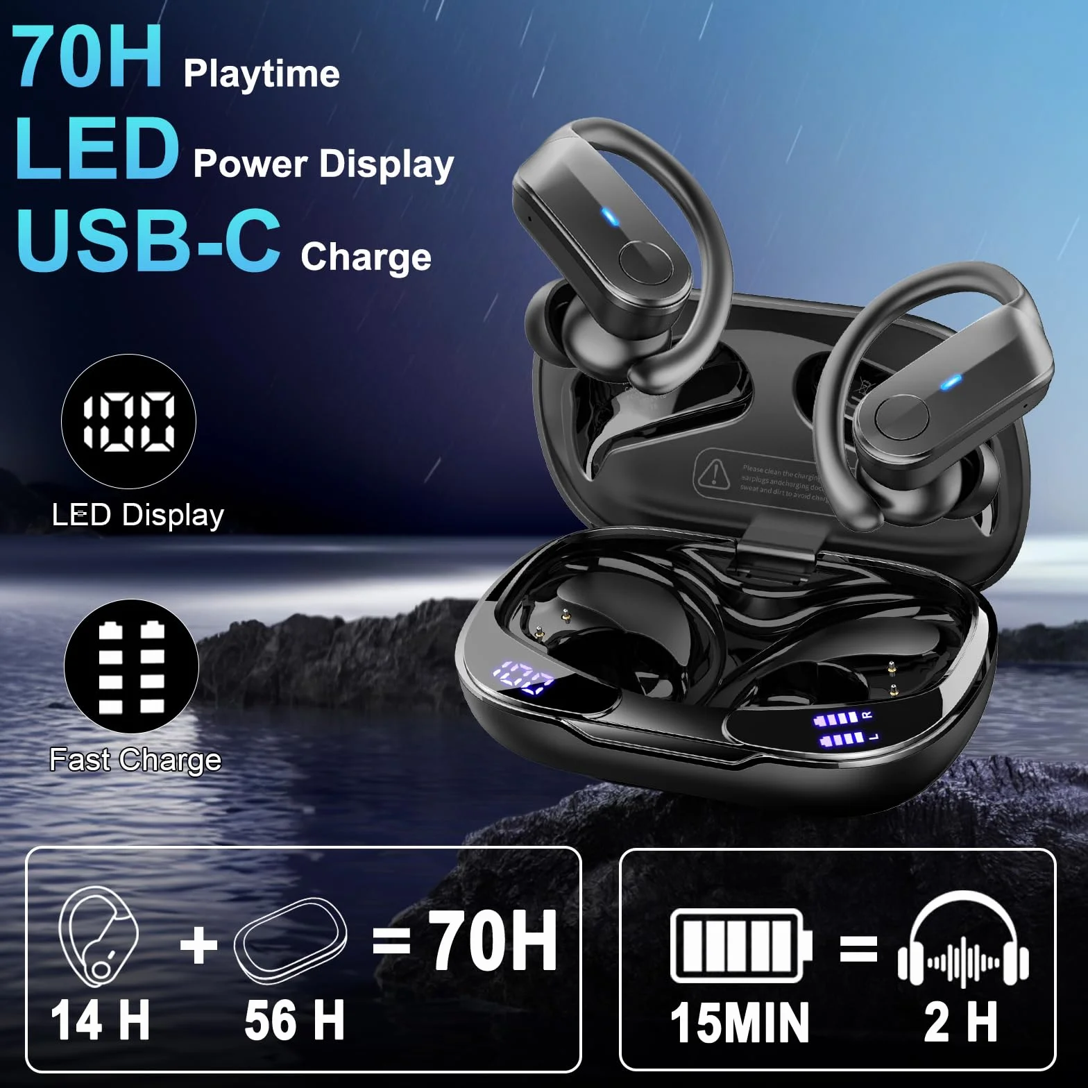 Ecouteurs Bluetooth sans Fil Sport, 2026 Ecouteurs sans Fil 5.4 avec HiFi Stéréo, Écouteur Running Étanches IPX8, 70H Oreillette Bluetooth avec ENC Réduction Bruit Mic, USB-C Charge/LED Casque, Noir