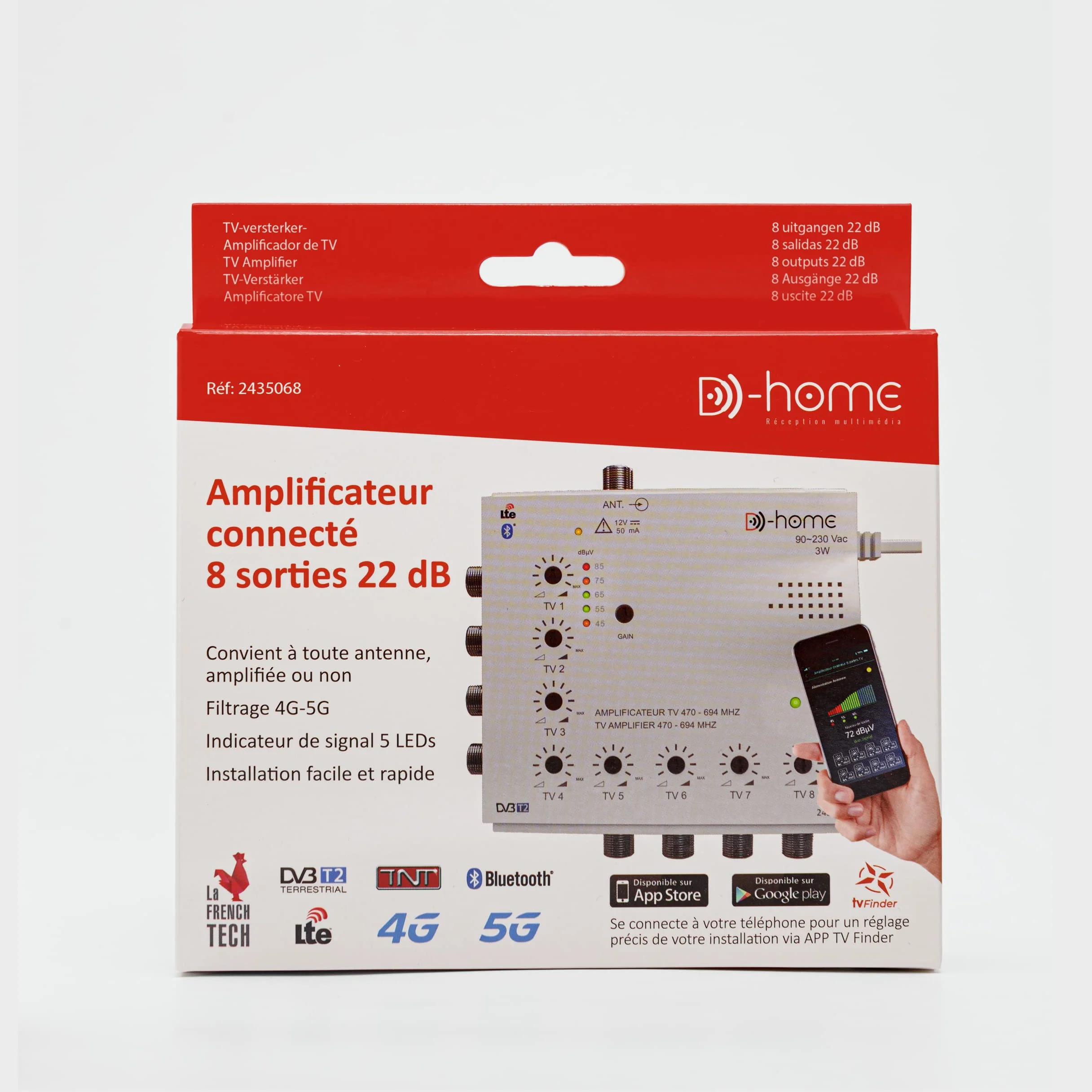 Amplificateur TV TNT Intérieur 8 Sorties 22dB Connecté Filtré 4G-5G avec Application Mobile TV Finder