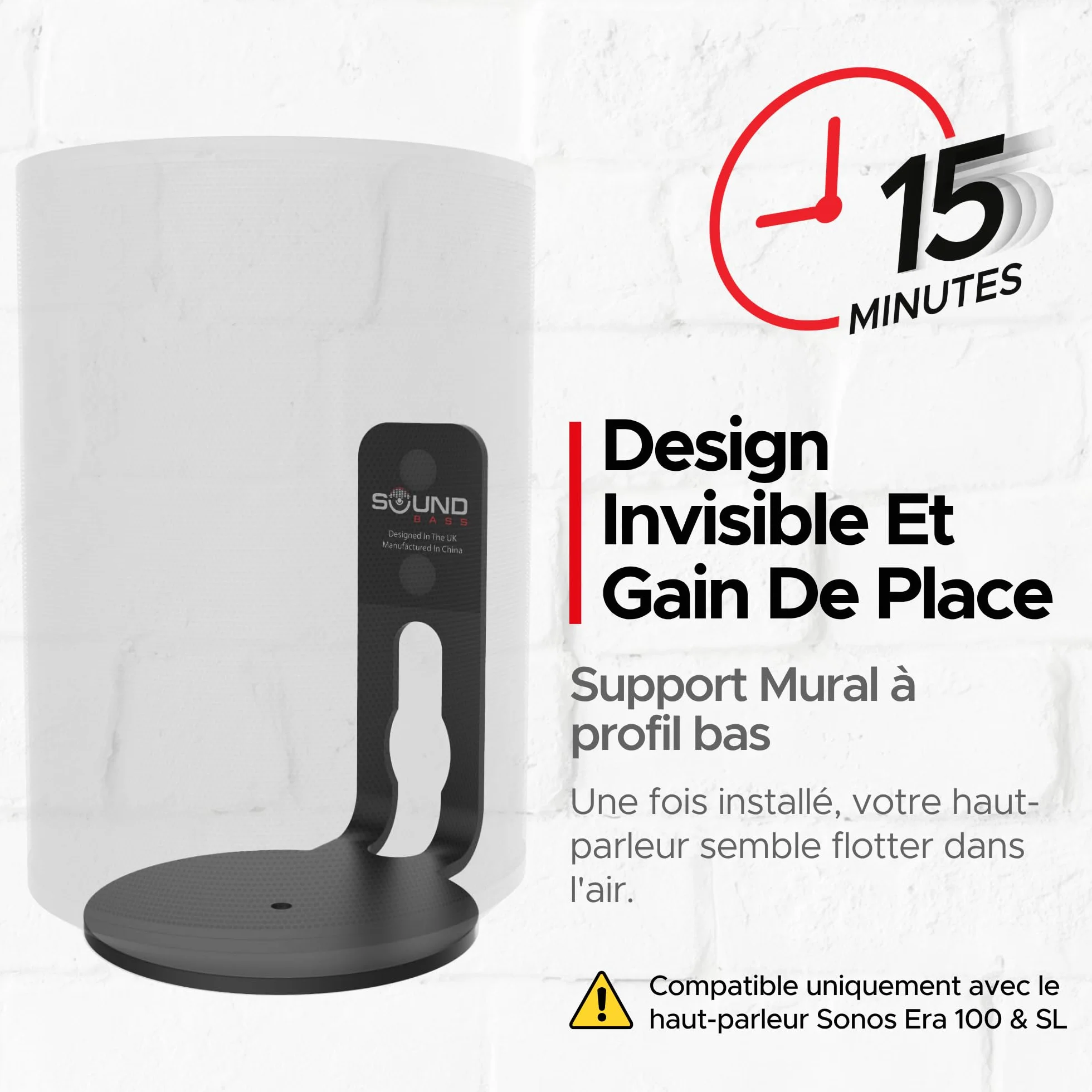 Sound bass Support Mural Era 100 – Profil Bas, Noir, Unité Simple, Compatible avec Sonos ERA100 & Era 100 SL Enceinte, Kit de Fixation Complet Inclus