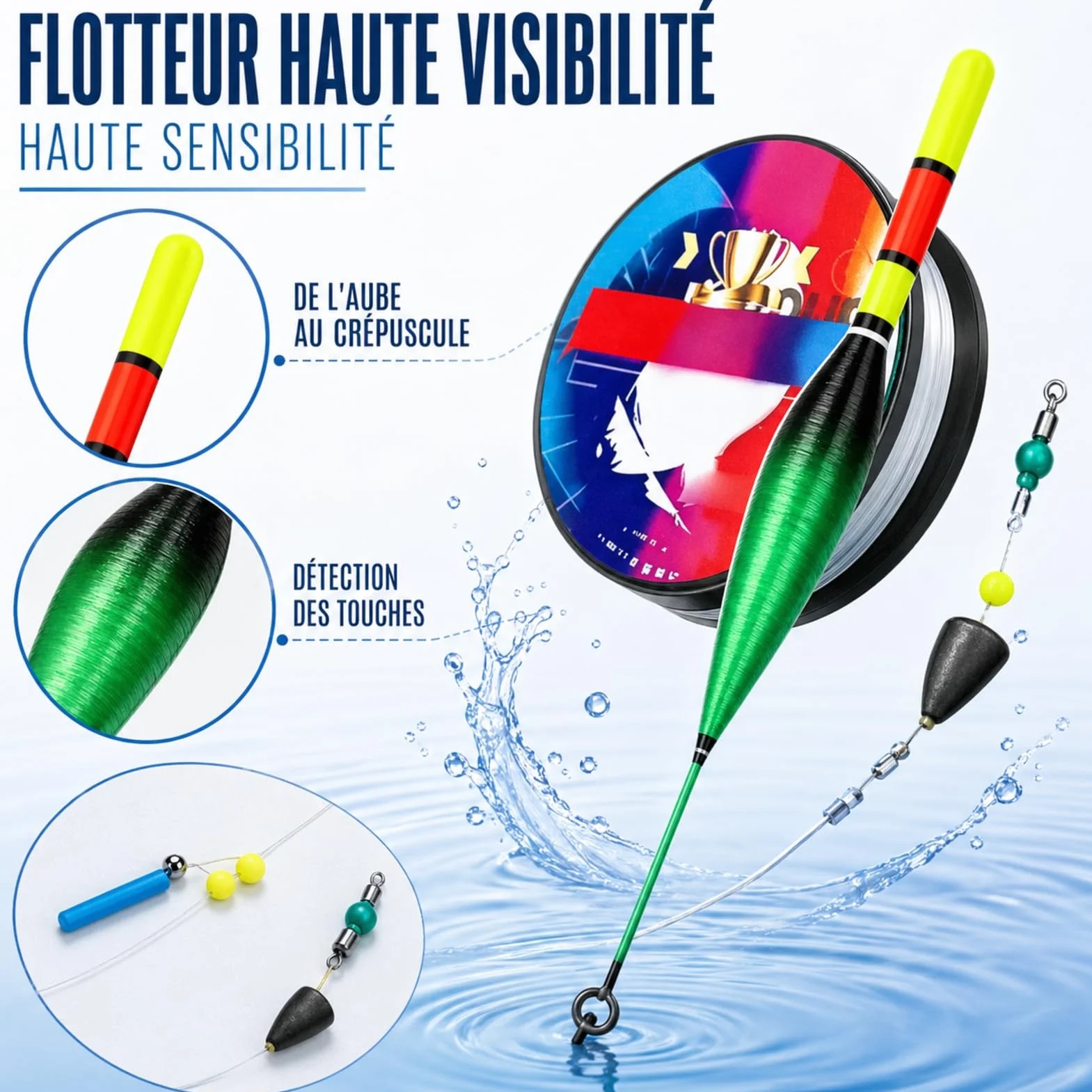 Ensemble De Ligne De Pêche Automatique 100m Pré-Noué avec Flotteur À Changement De Couleur Haute Sensibilité