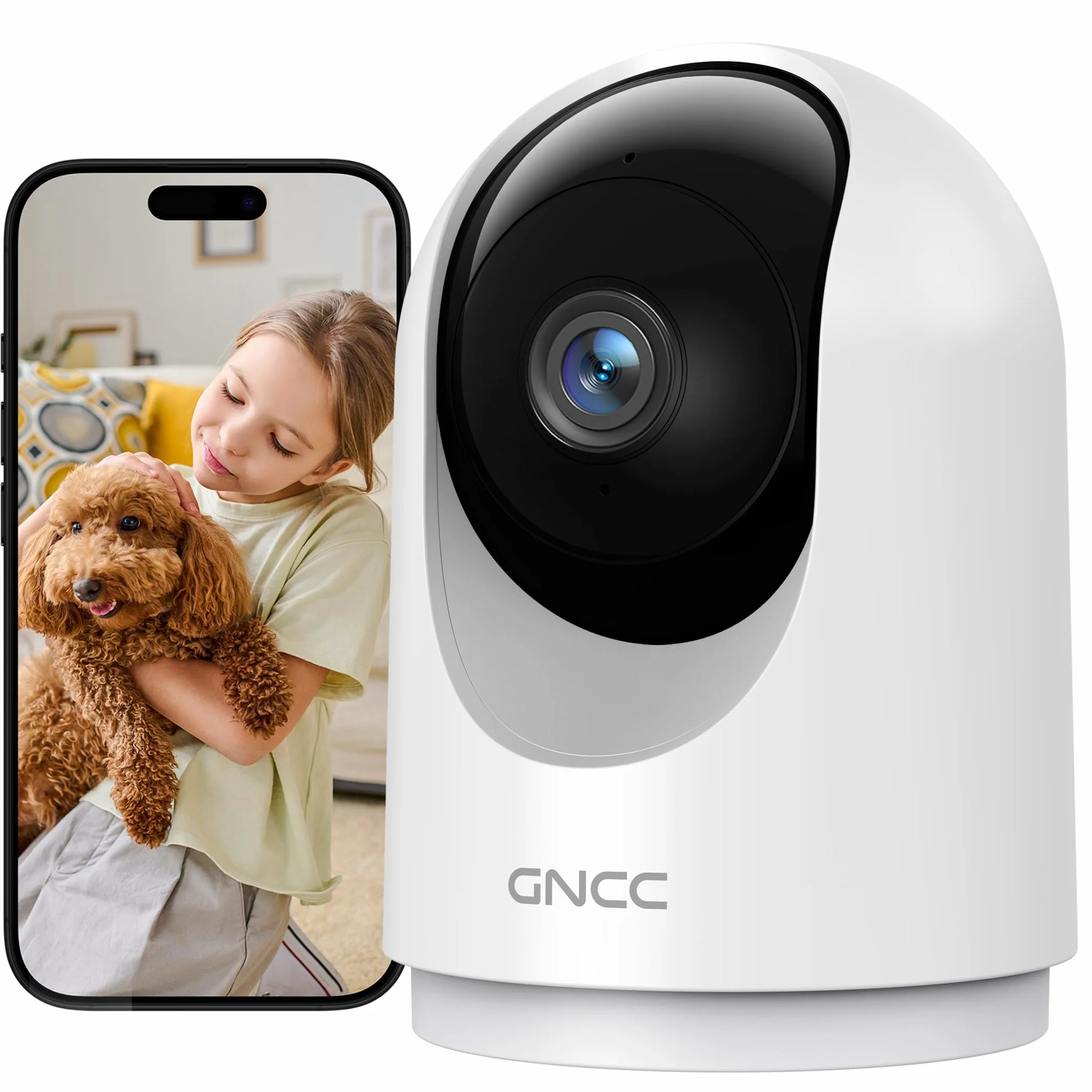 GNCC 2K 3MP Caméra Surveillance WiFi Interieur 360° Caméra Connectée Smartphone pour Bébé/Animaux Détection IA Audio bidirectionnel Alertes APP 2,4GHz Compatible Alexa