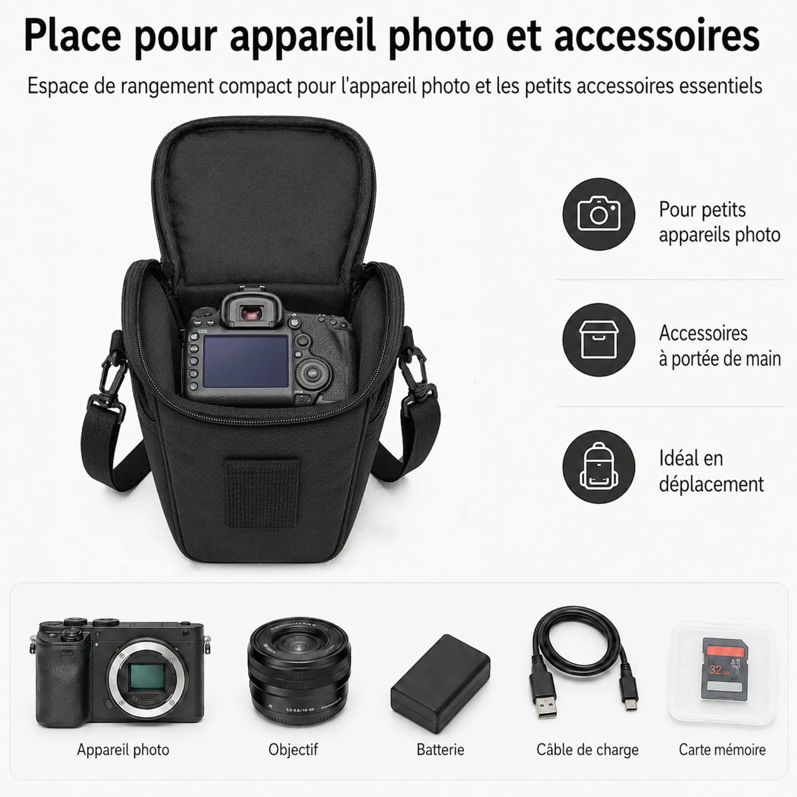 Sac Appareil Photo Noir 21x18x11 cm Sacoche Compacte pour Hybride Numérique Reflex DSLR SLR Bandoulière Amovible Réglable