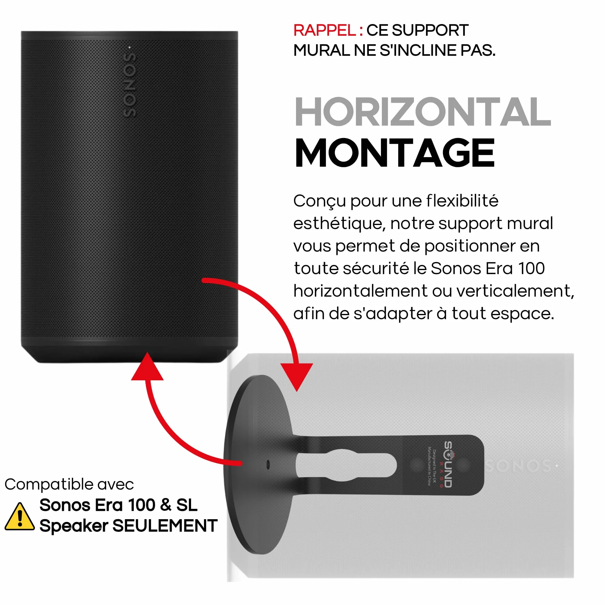 Sound bass Support Mural Era 100 – Profil Bas, Noir, Unité Simple, Compatible avec Sonos ERA100 & Era 100 SL Enceinte, Kit de Fixation Complet Inclus