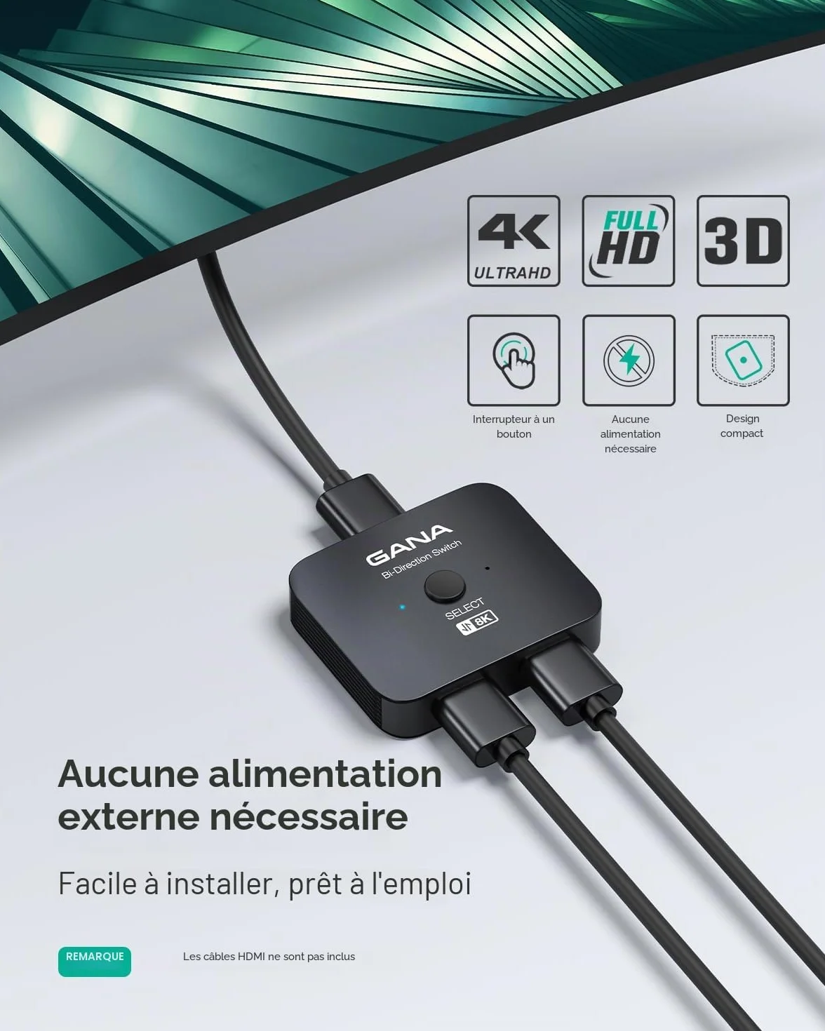 GANA Commutateur HDMI 2.1,Switch HDMI 8K 2 en 1 Sortie, Prend en Charge 4K @ 120 Hz, 8K @ 60 Hz,Compatible avec PS5/4, Xbox, Roku, Apple TV, Fire Stick,Noir