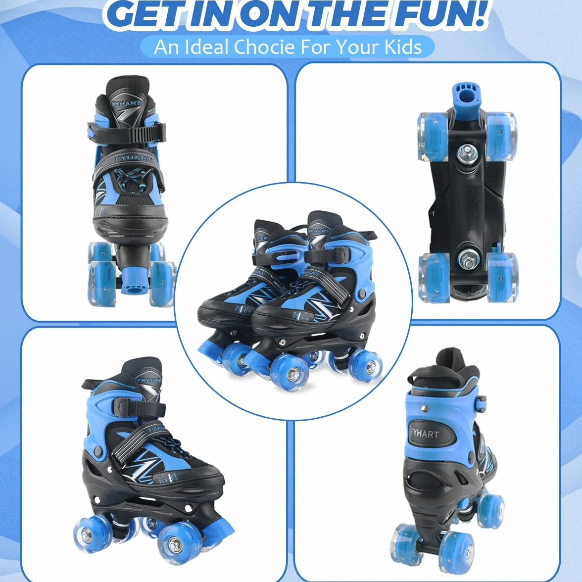 Patins à roulettes pour Enfants Garçons et Filles, 4 Tailles Réglables, Roues Lumineuses, Bleu et Rouge, Quad