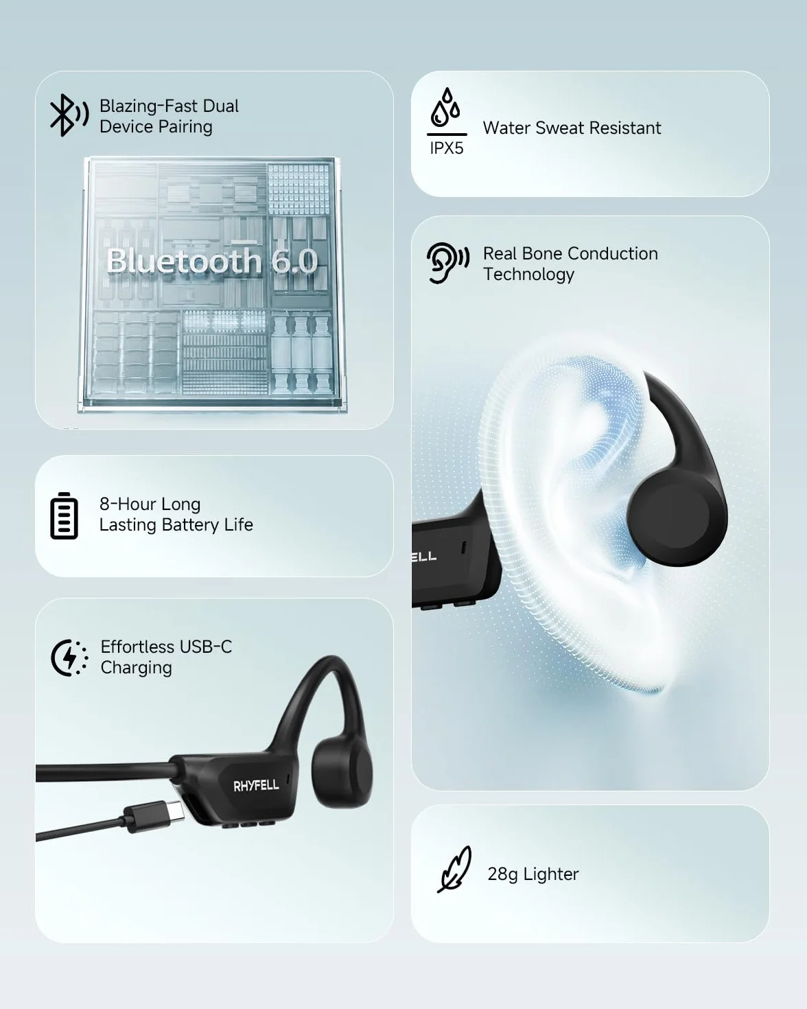 Casque Conduction Osseuse Bluetooth 6.0, Écouteurs Sport Oreilles Libres avec Micro, Étanchéité IPX5, 8H d'Autonomie, Ultra-Léger 28g, Idéal pour Course à Pied, Cyclisme, Fitness