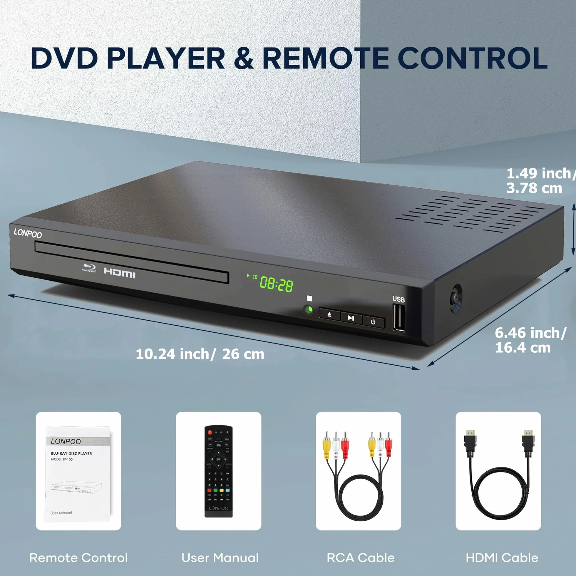 Lecteur Blu-Ray DVD pour Téléviseur - 1080P HD DVD Lecteur Bluray avec Sortie HDMI/Coaxiale/RCA (câble HDMI et AV Inclus), Entrée USB, Bluray Région B/2, Télécommande (LP-100)