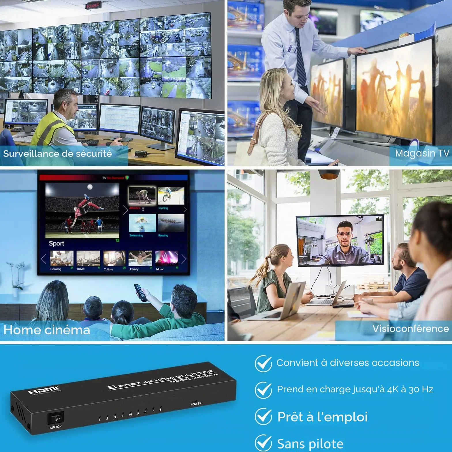 Répartiteur HDMI 1 entrée 8 sorties 4K Splitter Audio Vidéo avec Adaptateur Secteur