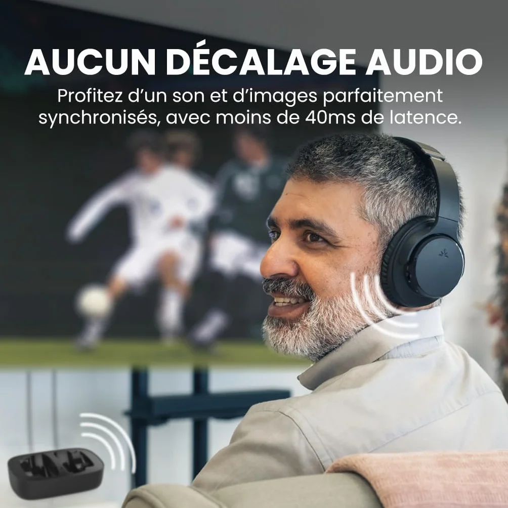 Avantree Ensemble – Casque TV sans Fil Bluetooth pour Regarder la Télévision, Son Clair, Installation Facile, Base de Recharge, 35h Autonomie, Confortable, Compatible avec Optique, AUX et Bluetooth