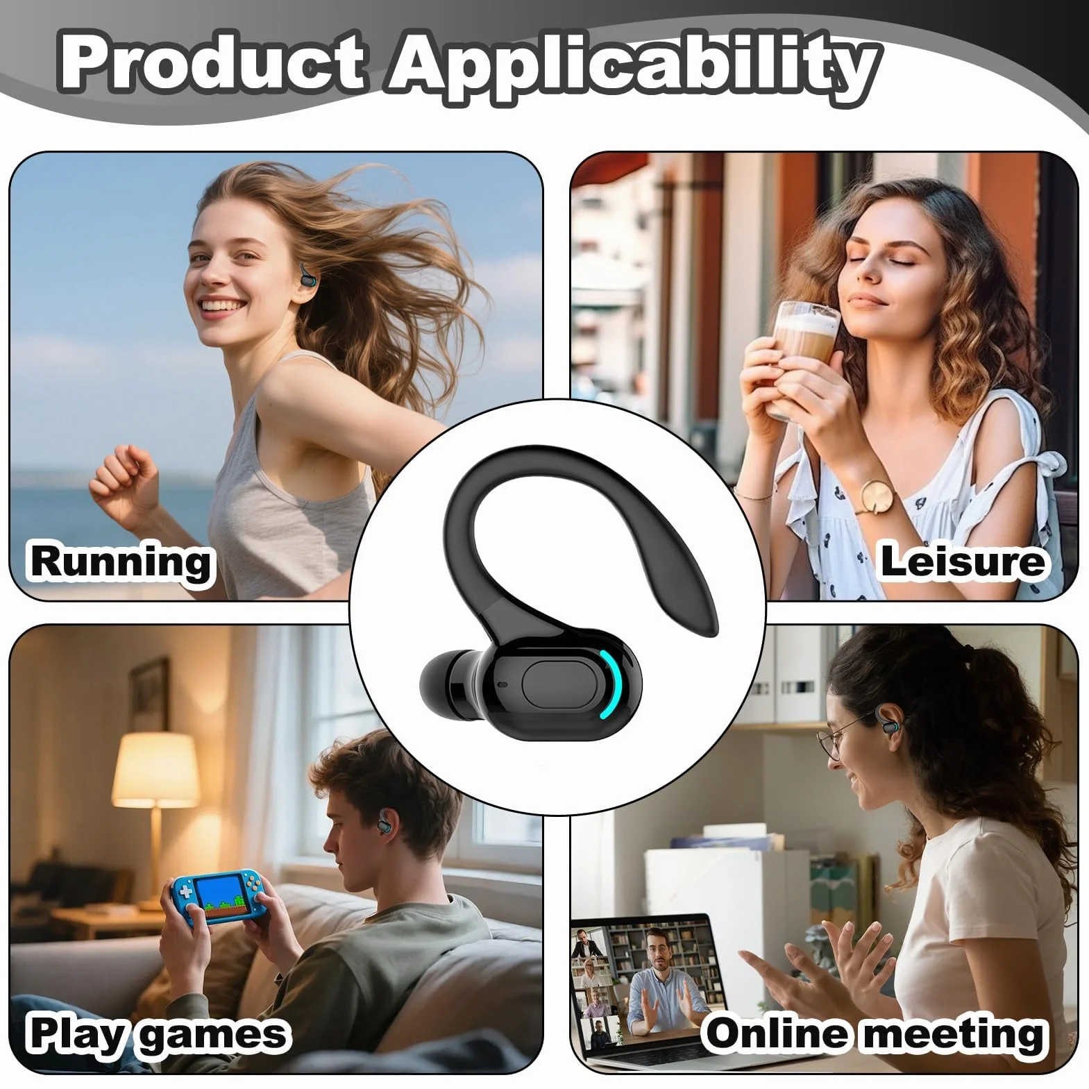 Oreillette Bluetooth sans Fil Mono, Écouteur Mono avec Micro Intégré, Kit Main Libre Professionnel avec Micro à ecouteurs de Bruit pour iPhone Android PC, Bureau, Conduite, Sport, oreillette Tour 360°